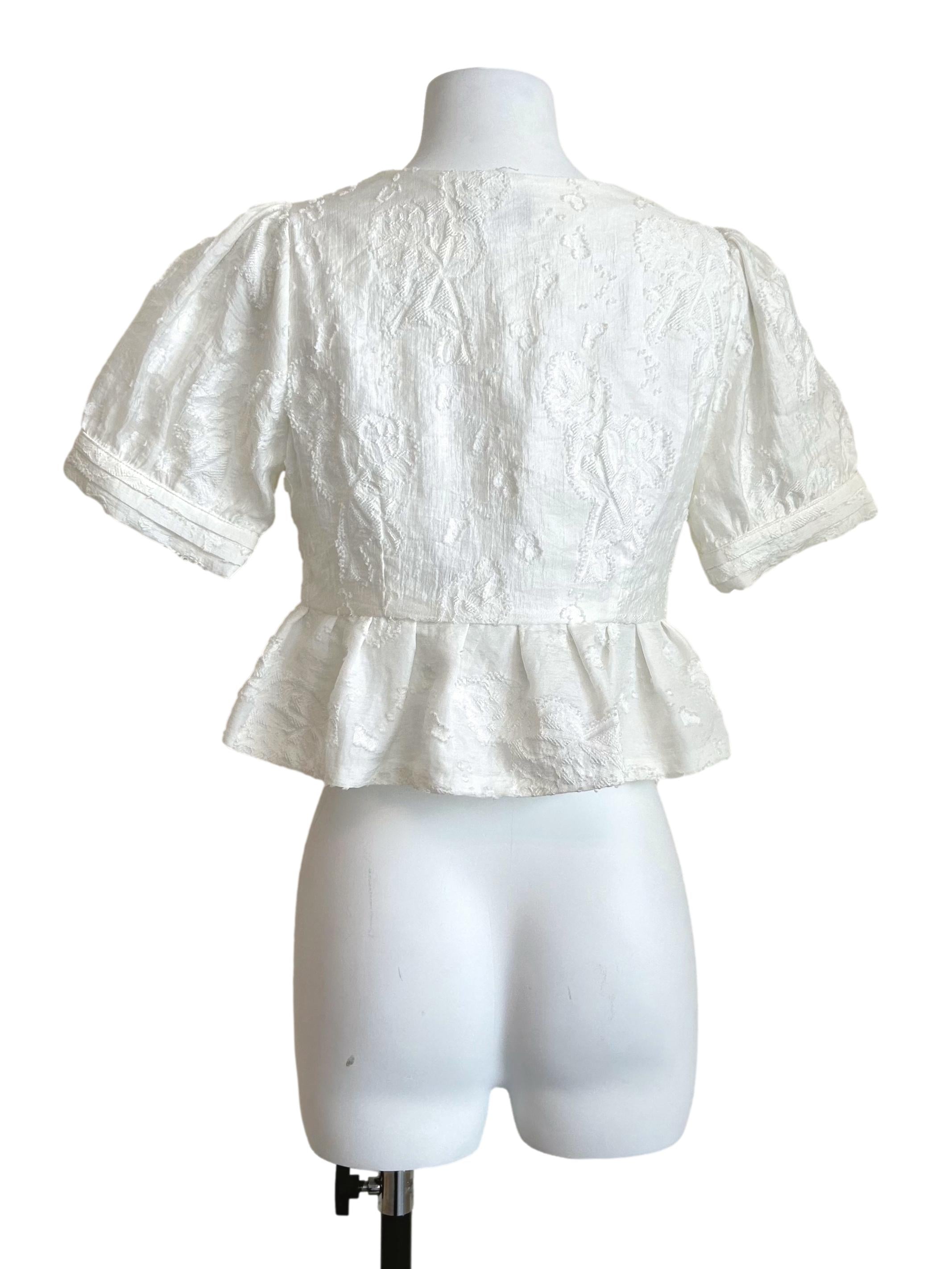White Textured V-Neck Puff-Sleeve Peplum Top TCL