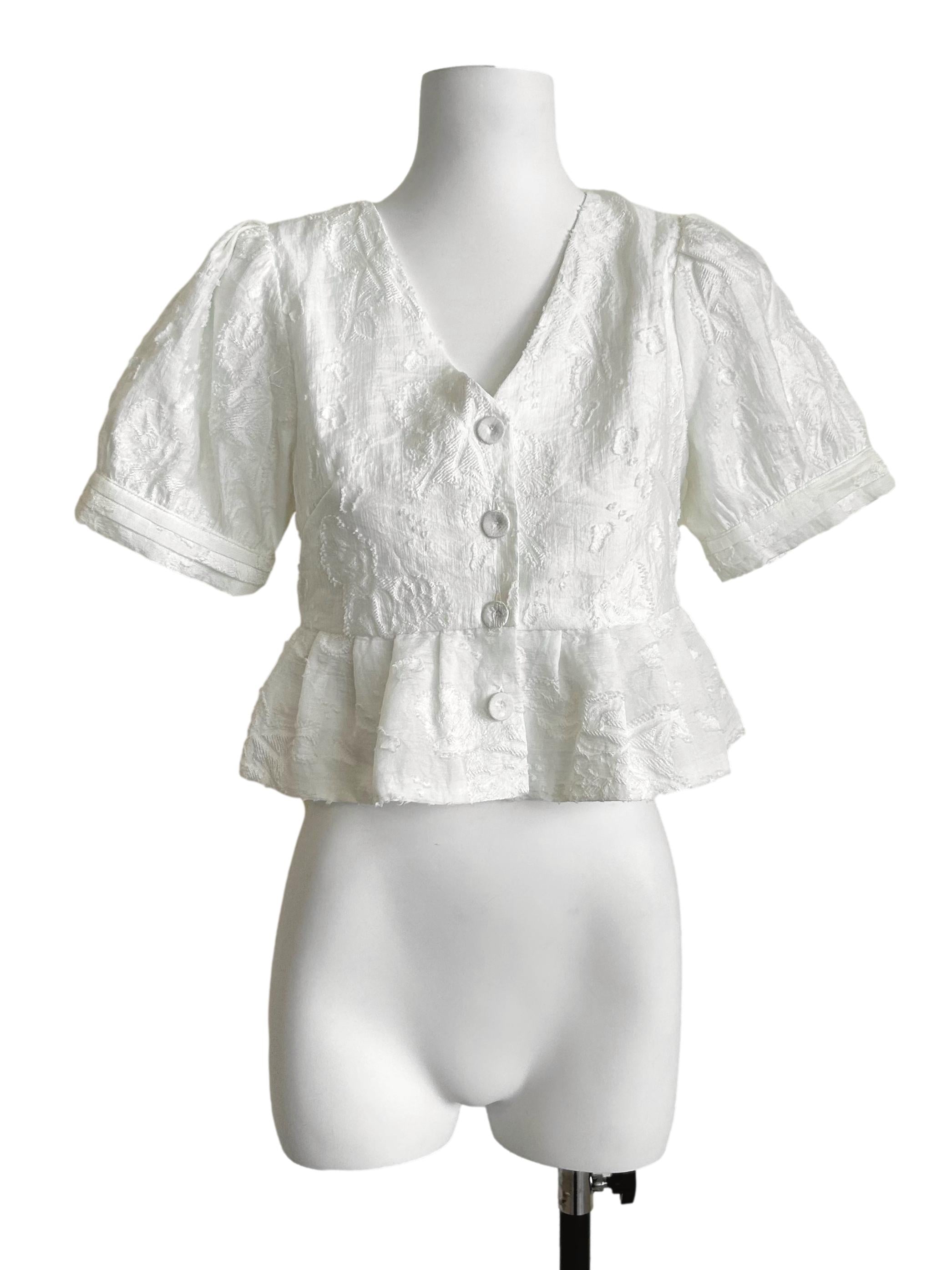 White Textured V-Neck Puff-Sleeve Peplum Top TCL