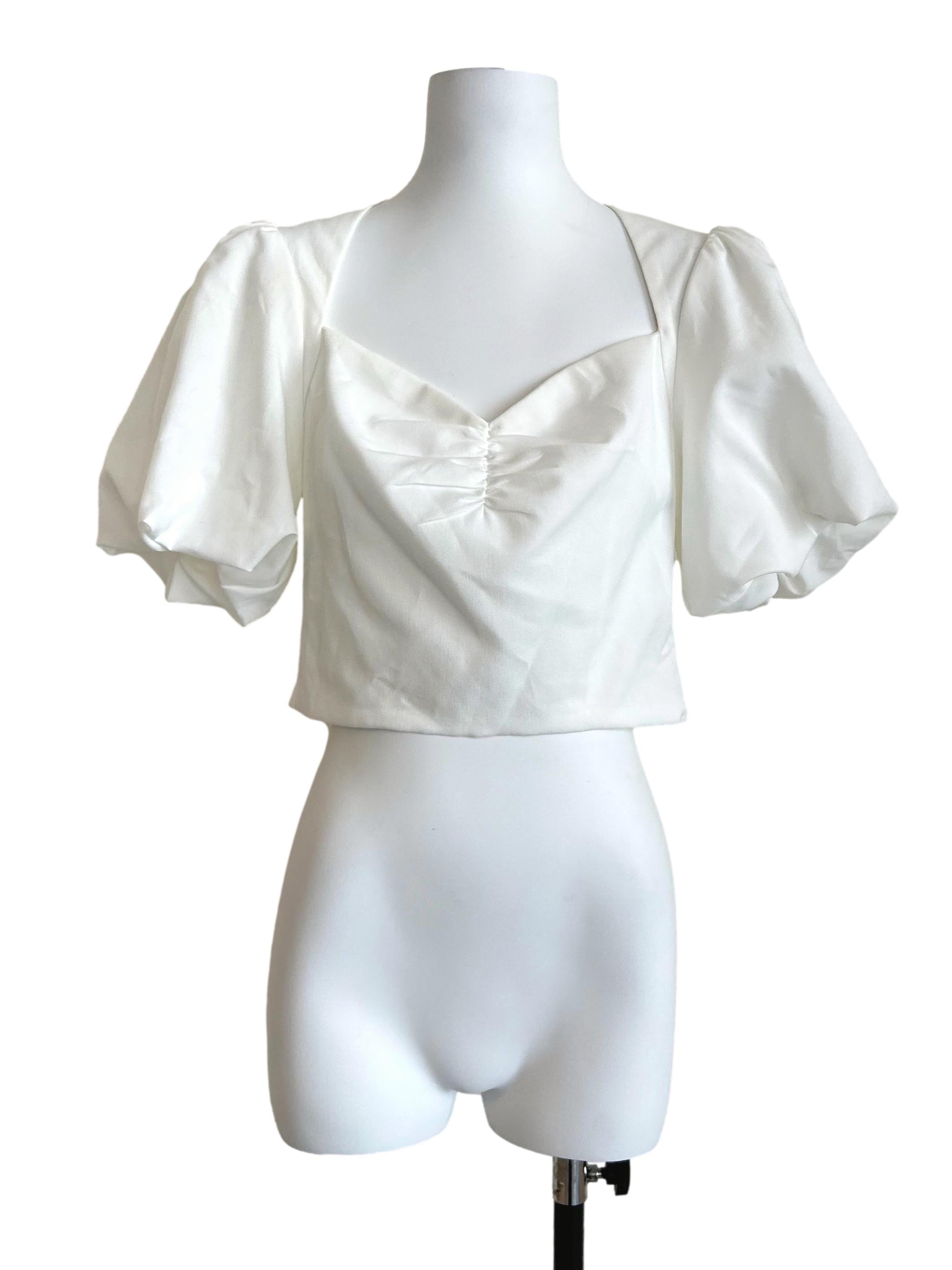 White Sweetheart Puff-Sleeve Crop Top