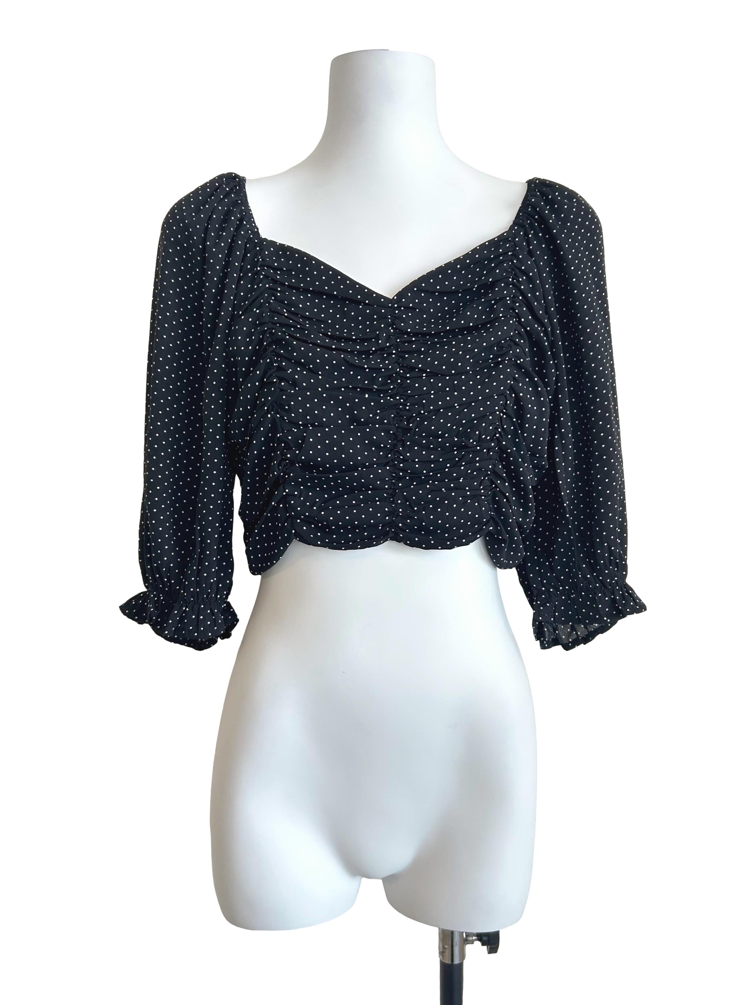 Black Polka-Dot Ruched Crop Top