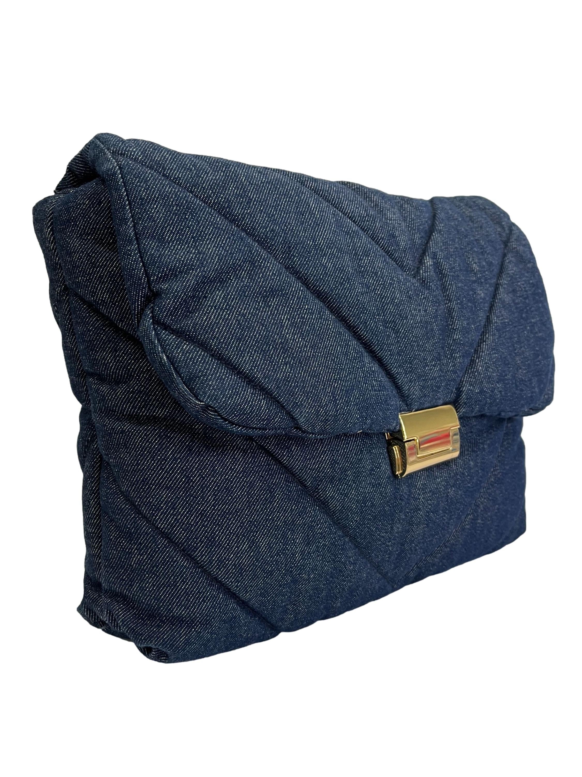 Quilted Denim Flap Shoulder Bag