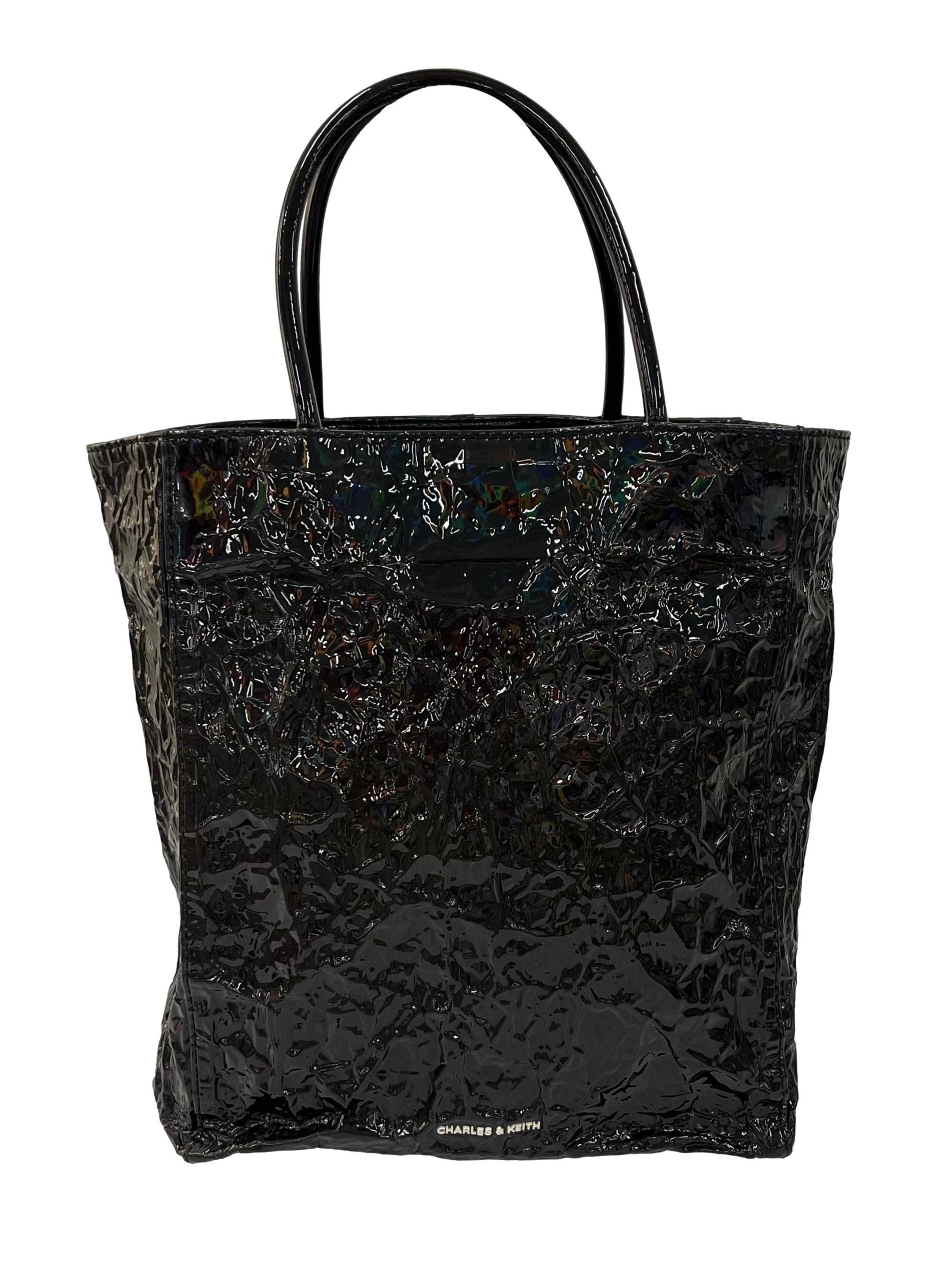 Black Holographic Matina Crinkle-Effect Tote Bag