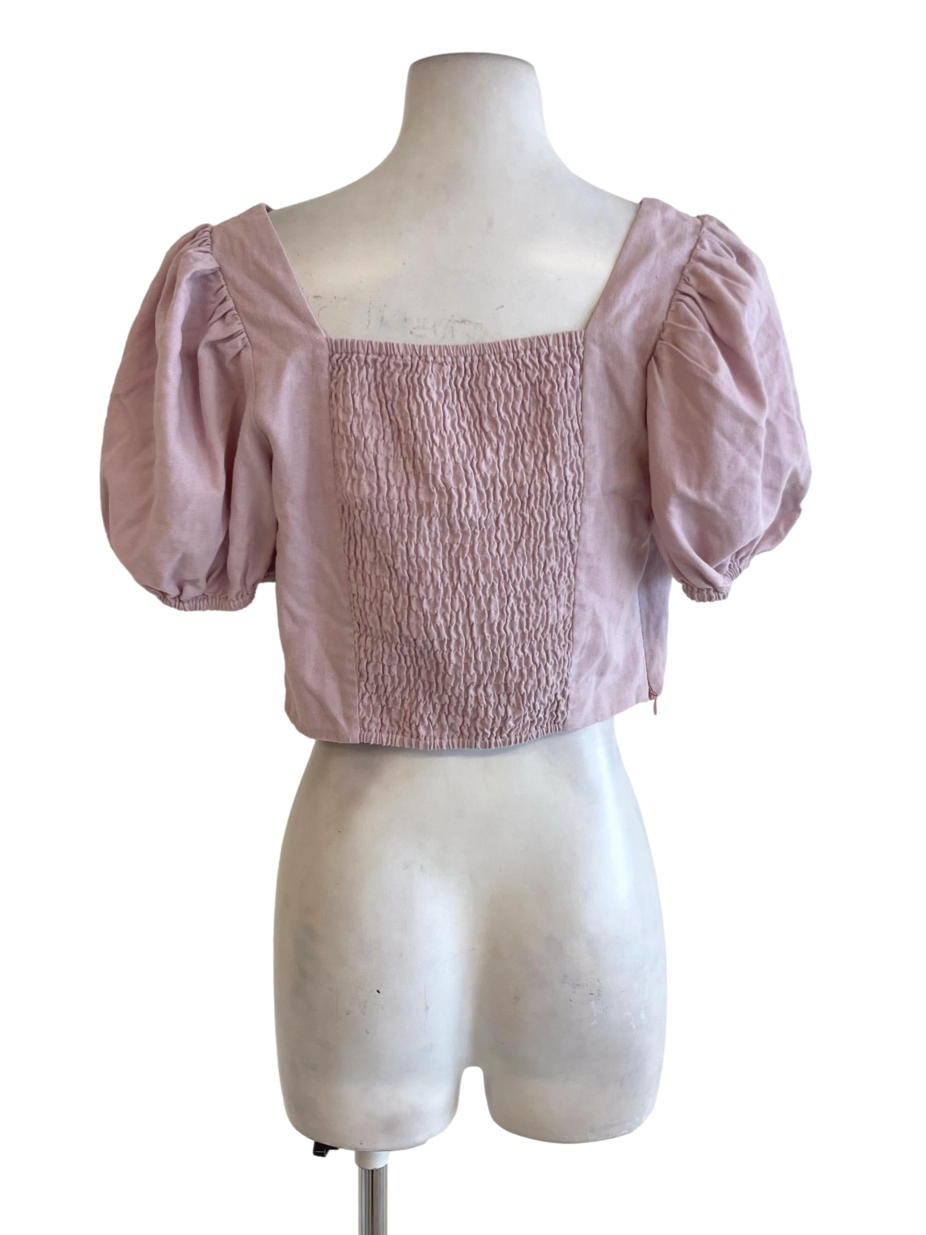 Pink Crepe Square Neck Puff Sleeve Crop Top TWL