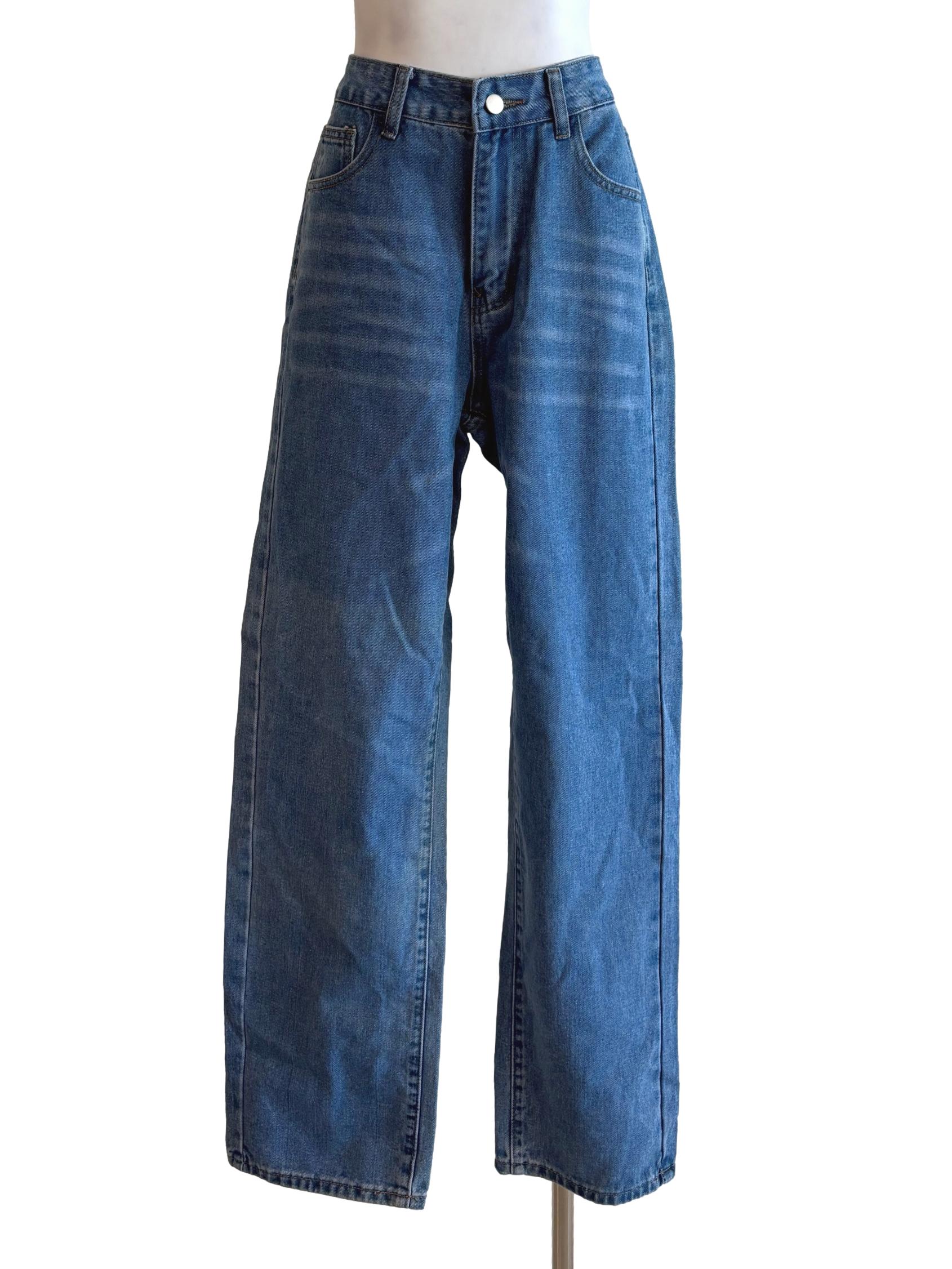 Washed Blue Straight Cut High Rise Jeans