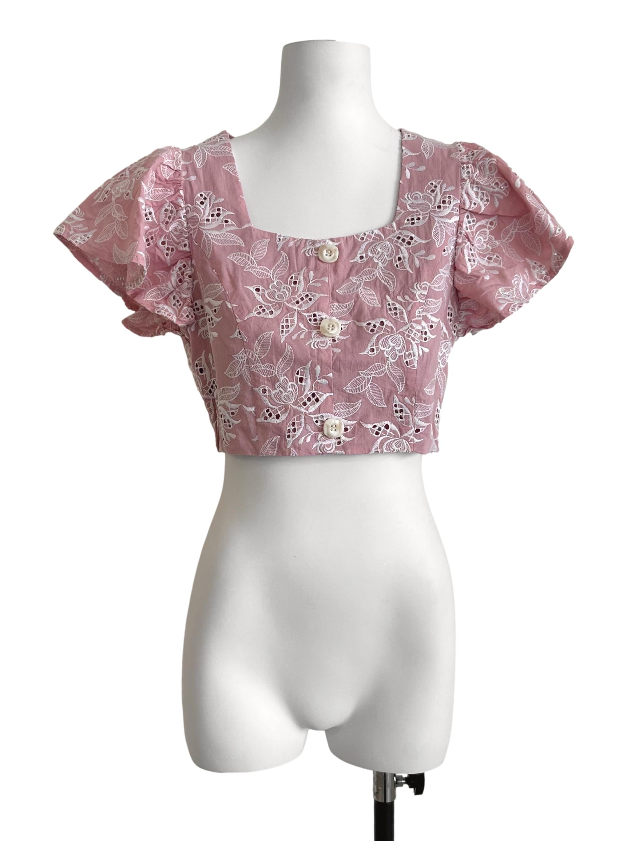 Pink Floral Eyelet Button-Front Crop Top