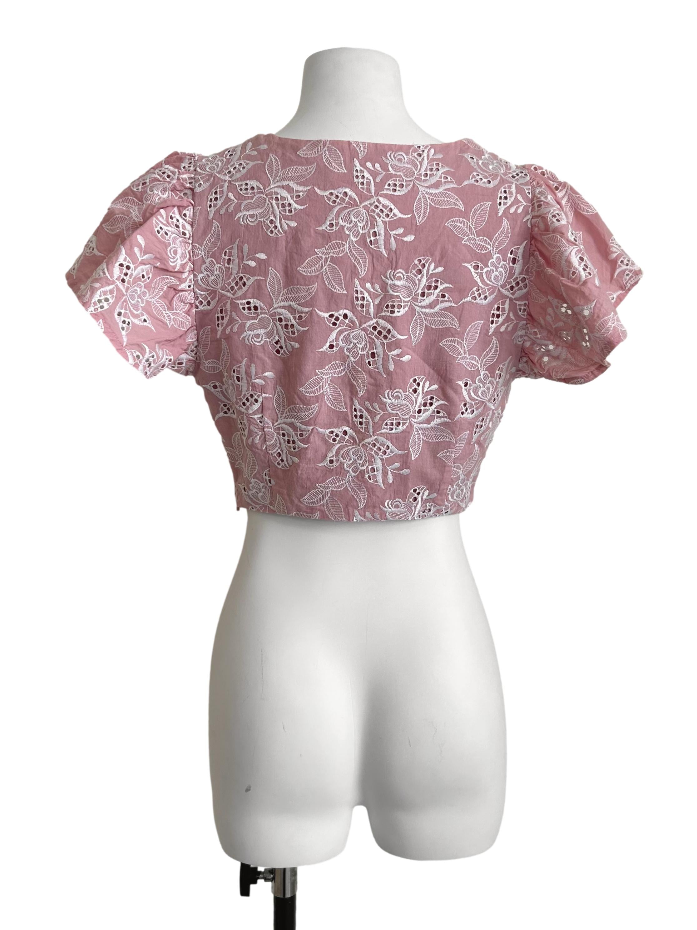 Pink Floral Eyelet Button-Front Crop Top