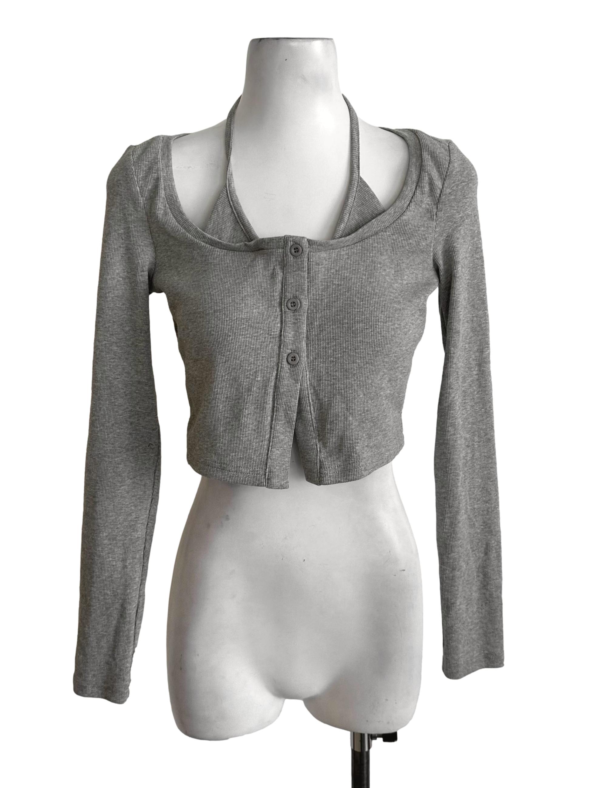 Ash Grey Button Halter Long Sleeve Top