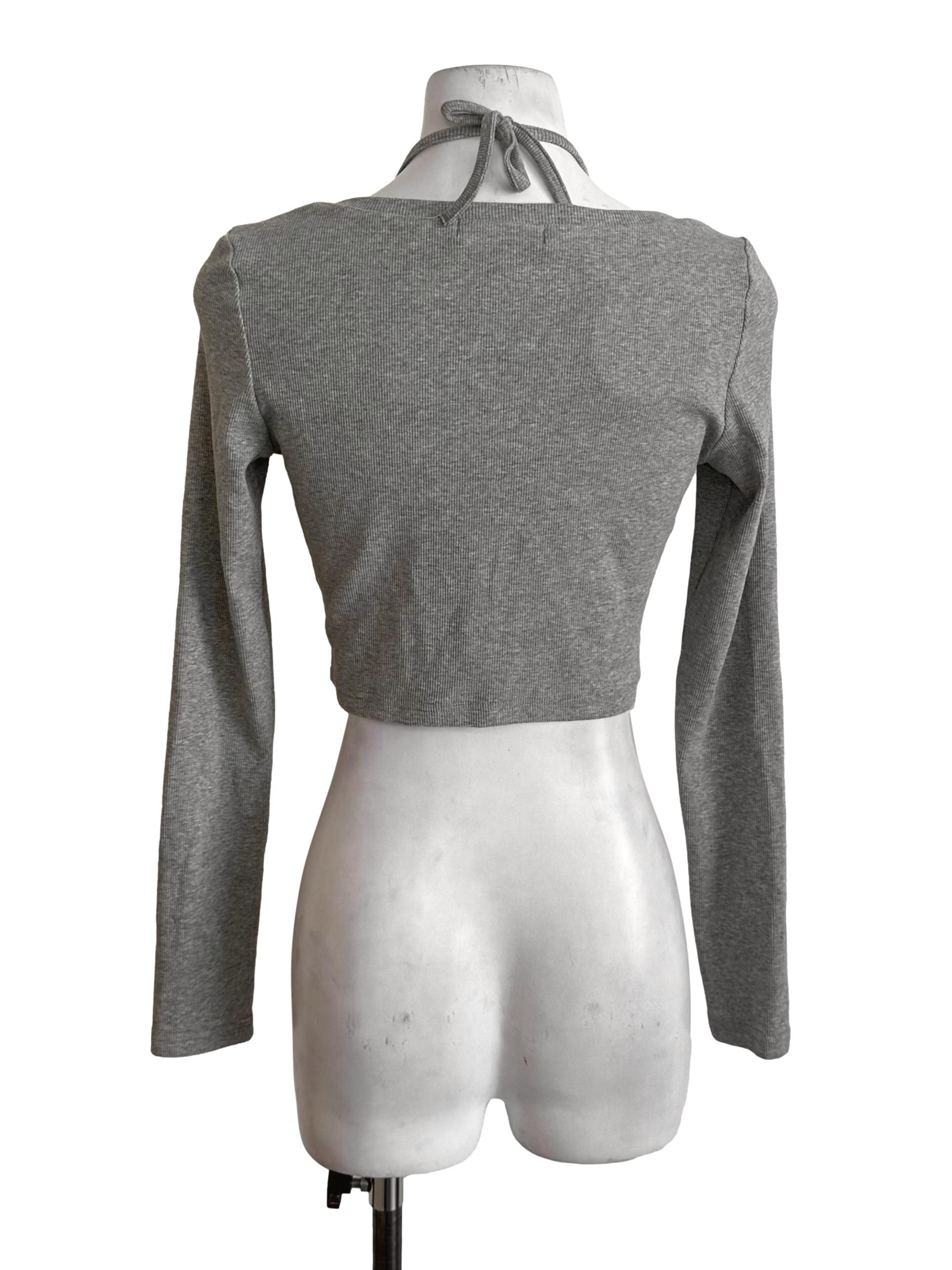 Ash Grey Button Halter Long Sleeve Top