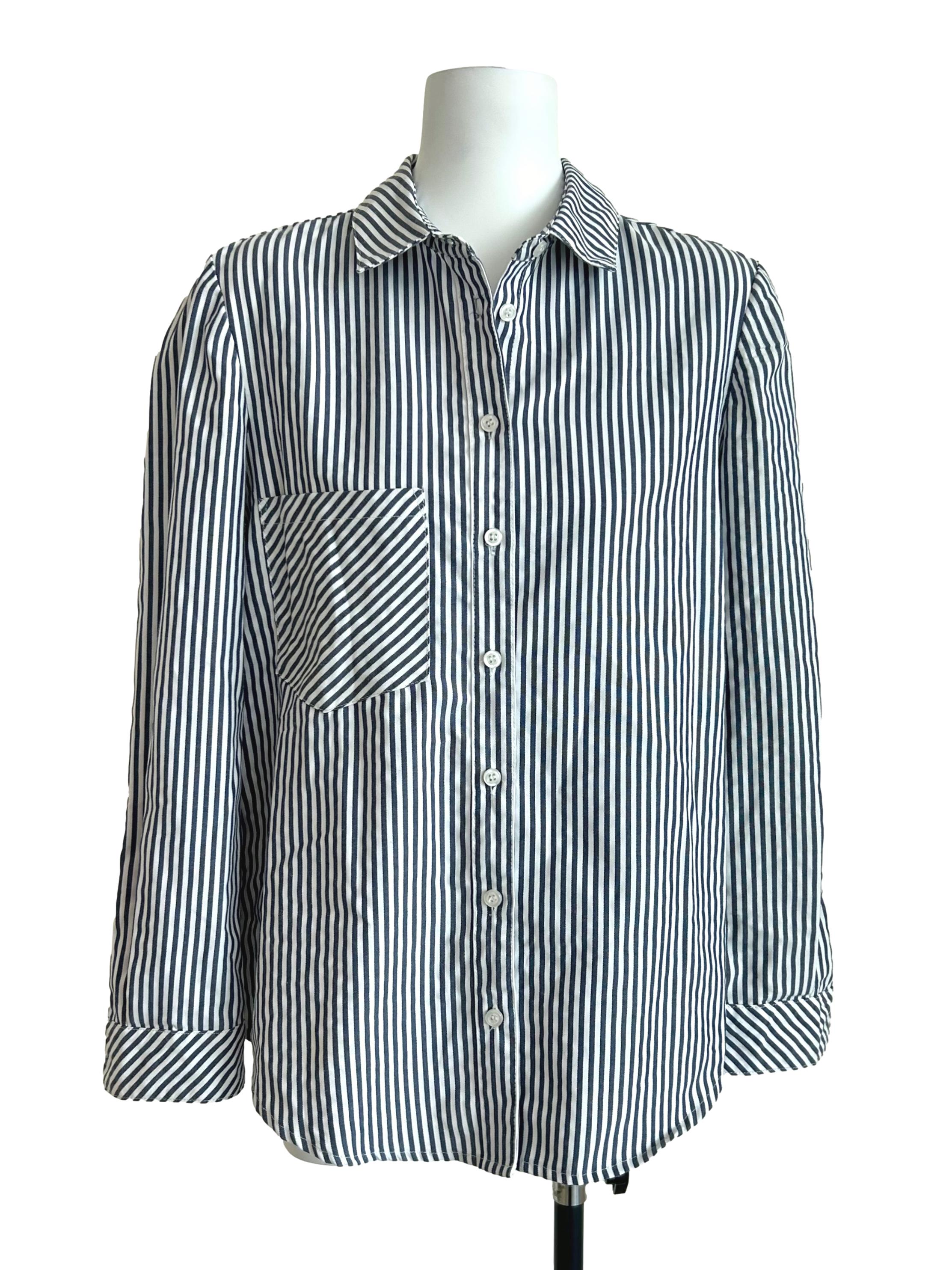 Navy And White Vertical Striped Long-Sleeve Shirt TTR