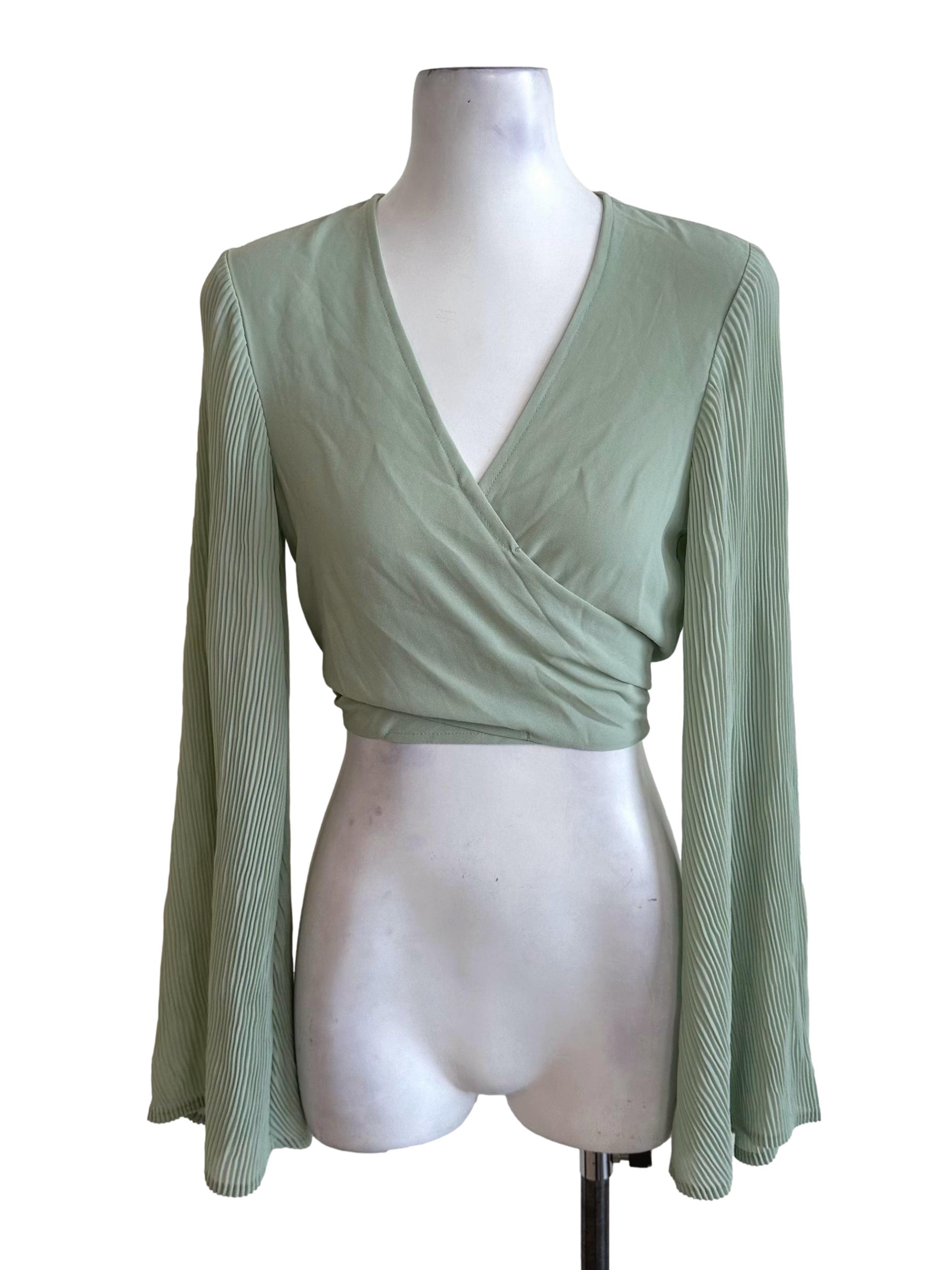 Matcha Green V Neck Wrap Pleated Sleeve Top YHF