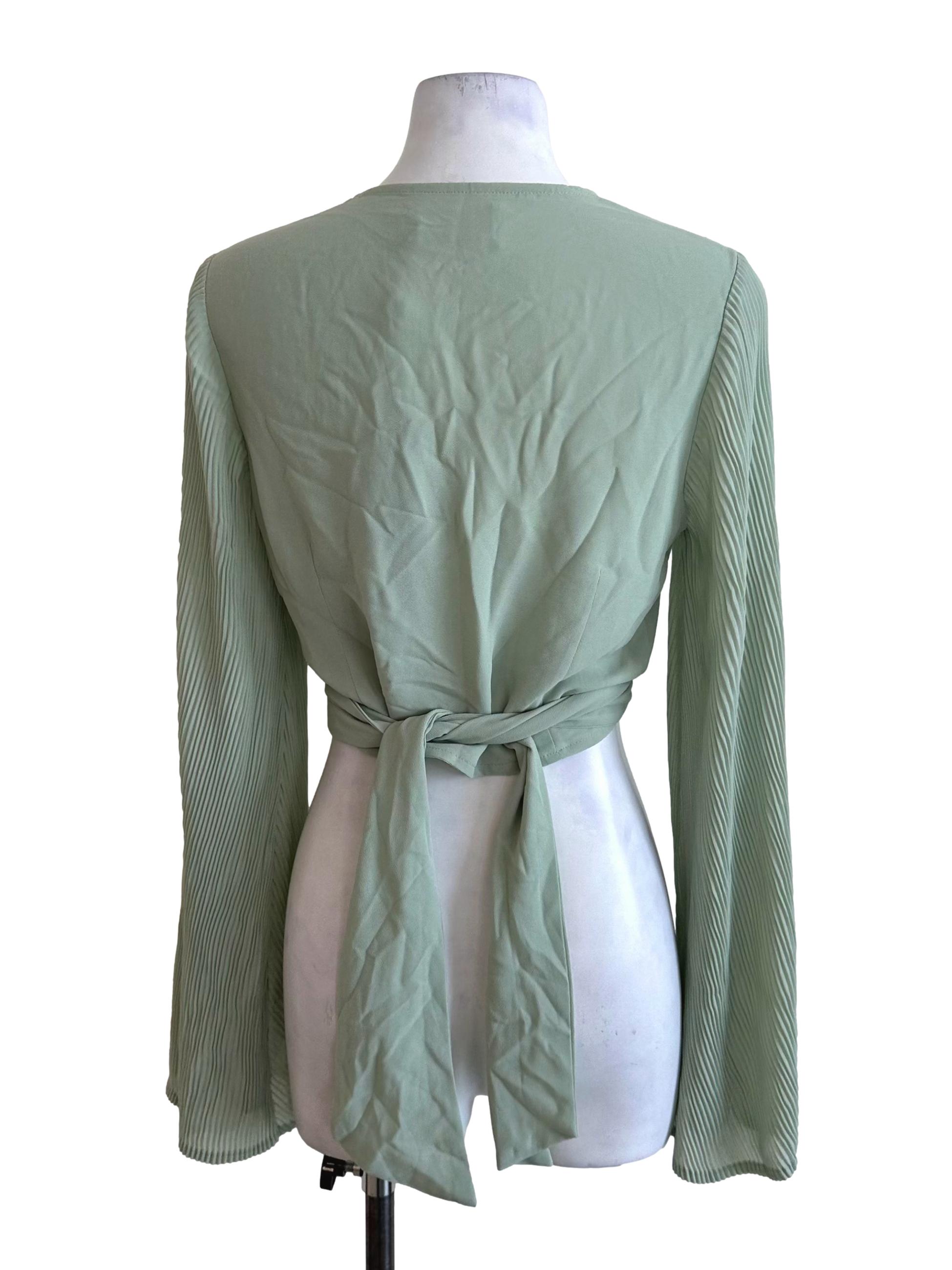 Matcha Green V Neck Wrap Pleated Sleeve Top YHF