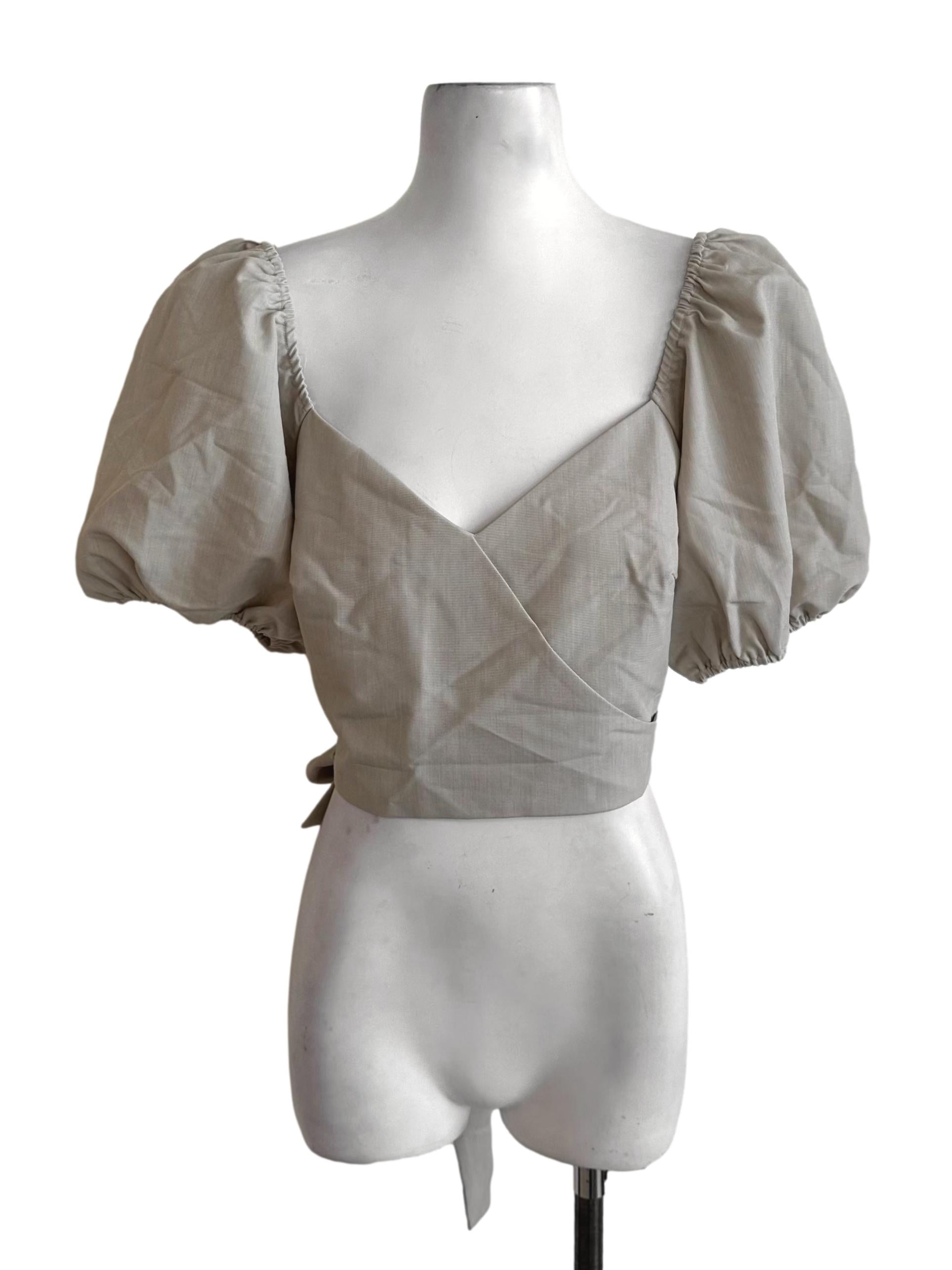 Sand Beige V Neck Puff Sleeve Top