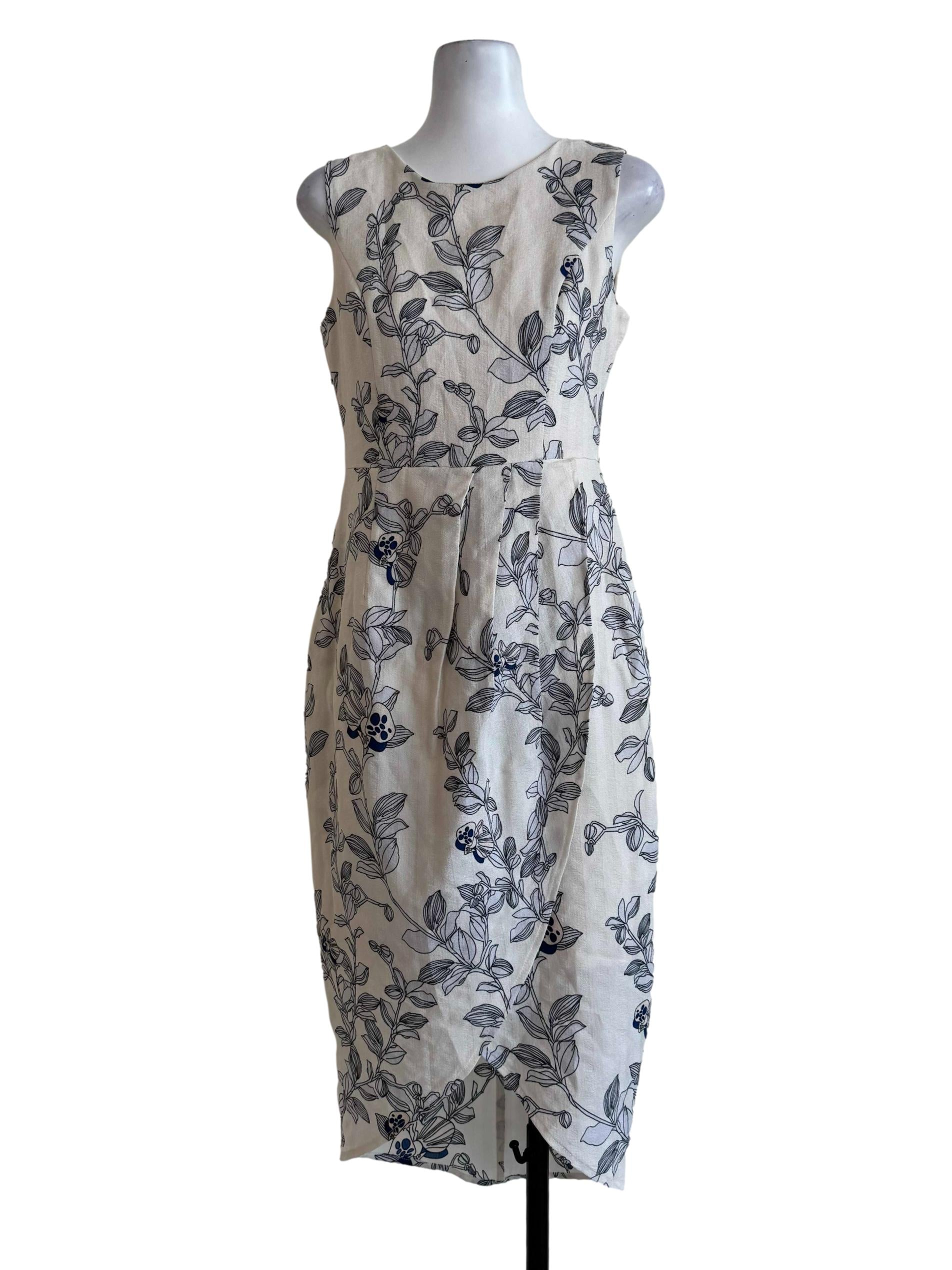 Cream With Pale Grey Prints Empire Dress