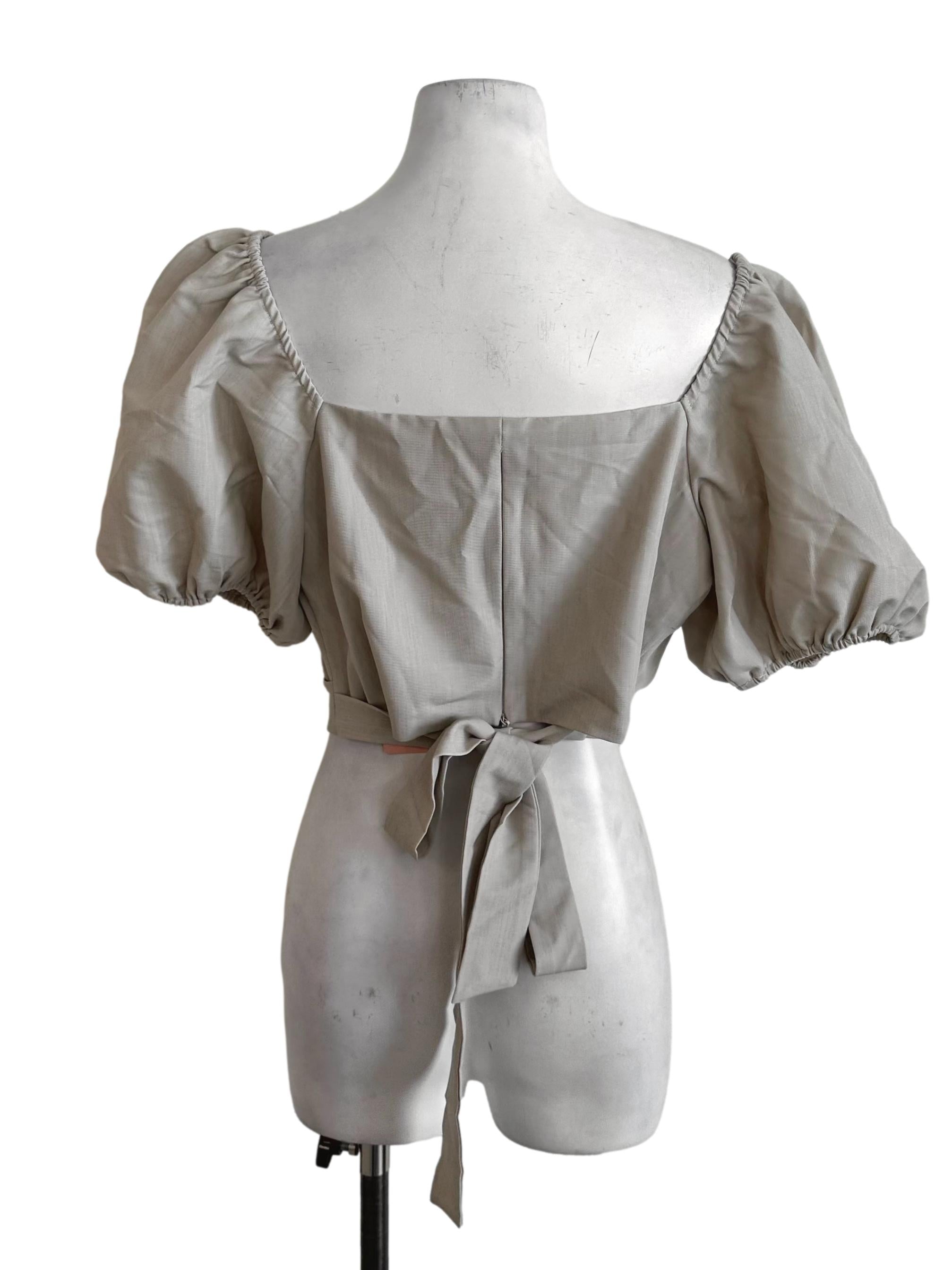 Sand Beige V Neck Puff Sleeve Top