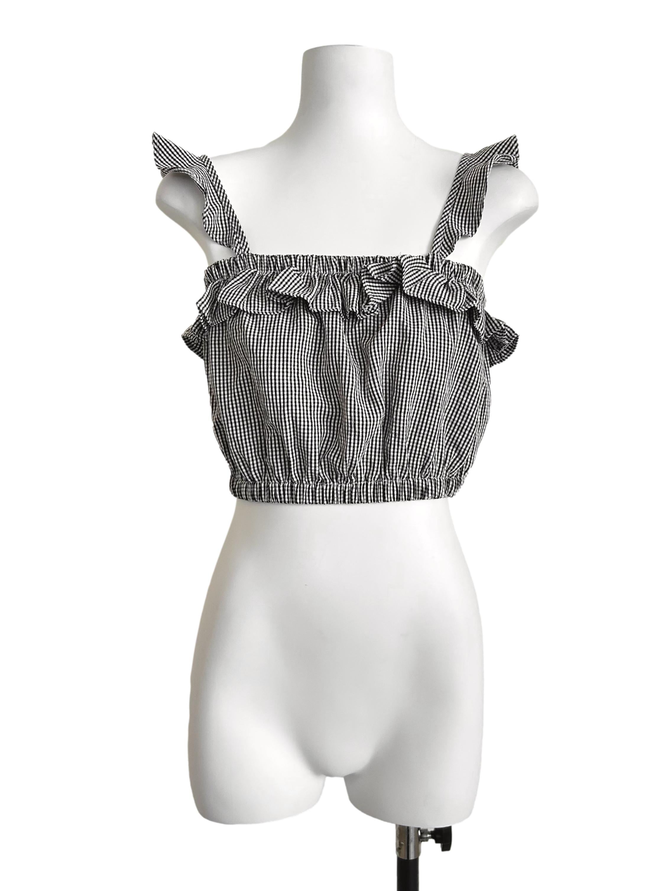 Black And White Gingham Ruffle-Trimmed Crop Top TEM