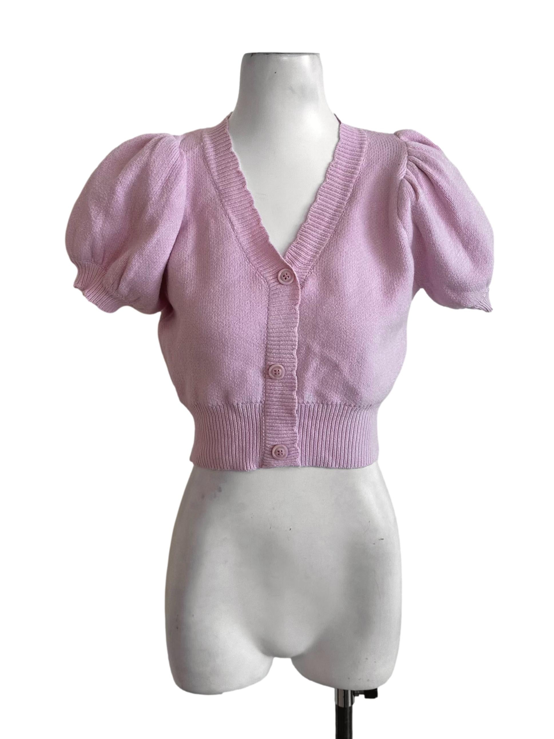 Candy Pink Knit Button Puff Sleeve Top