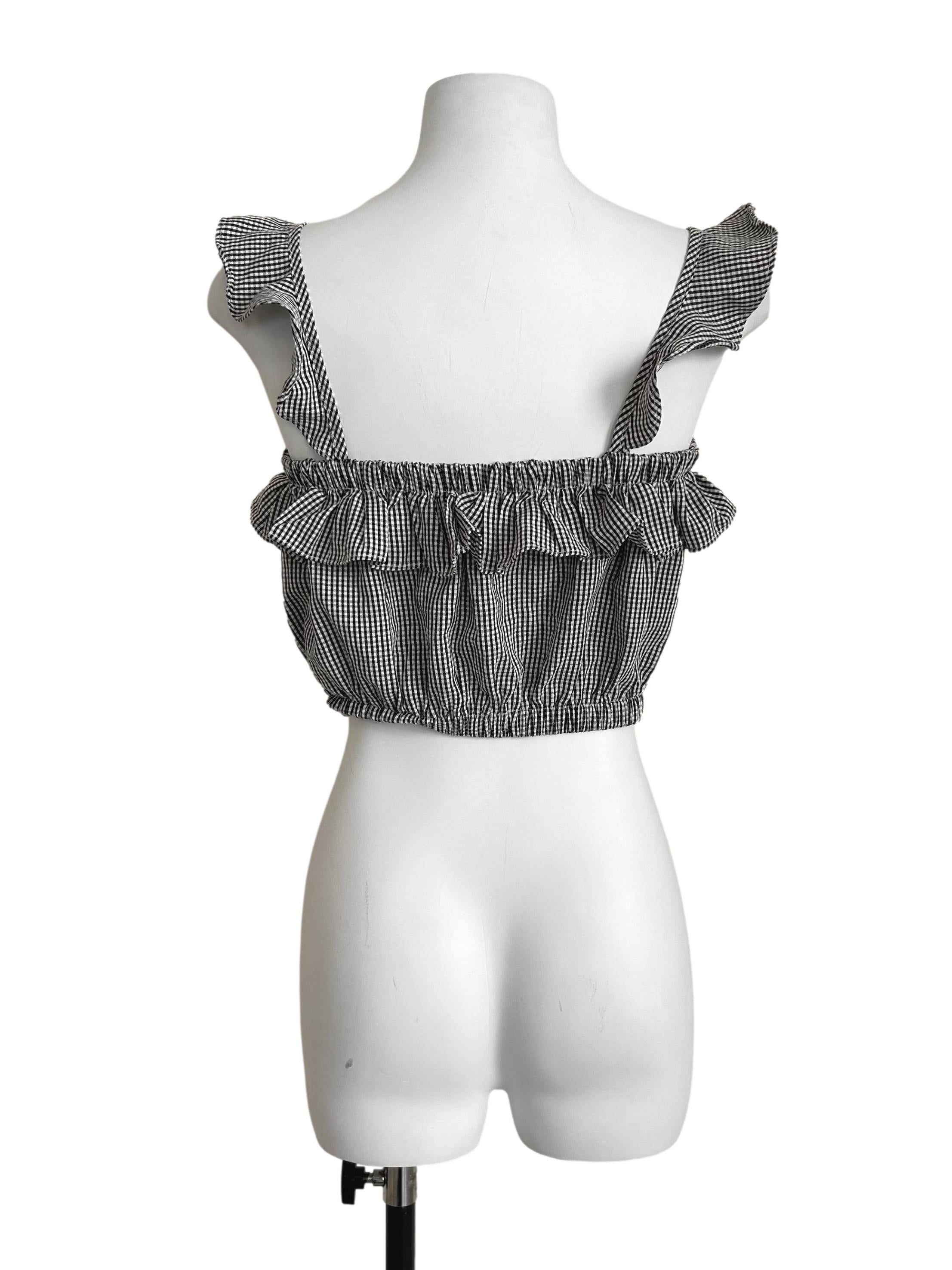 Black And White Gingham Ruffle-Trimmed Crop Top TEM