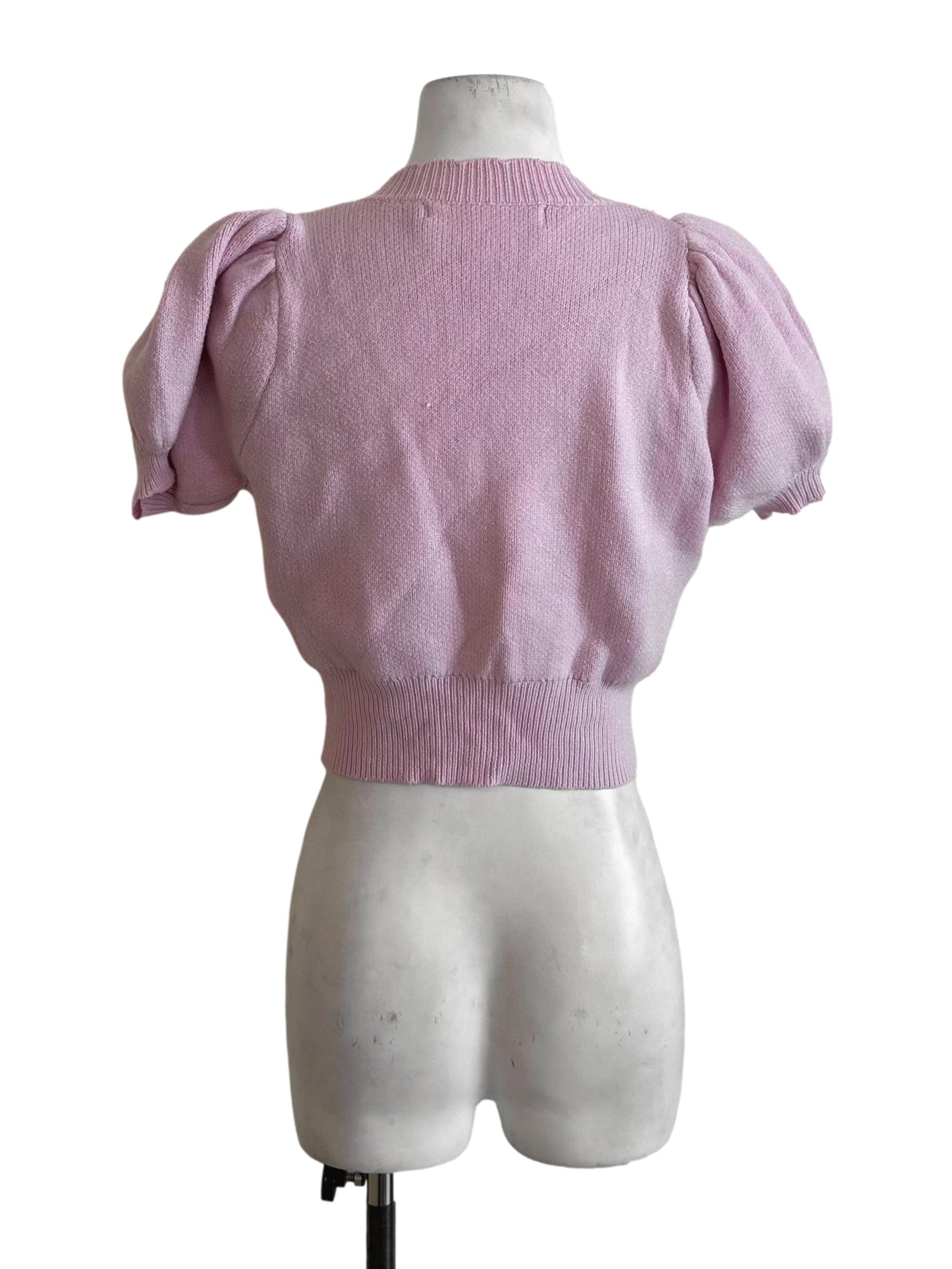 Candy Pink Knit Button Puff Sleeve Top