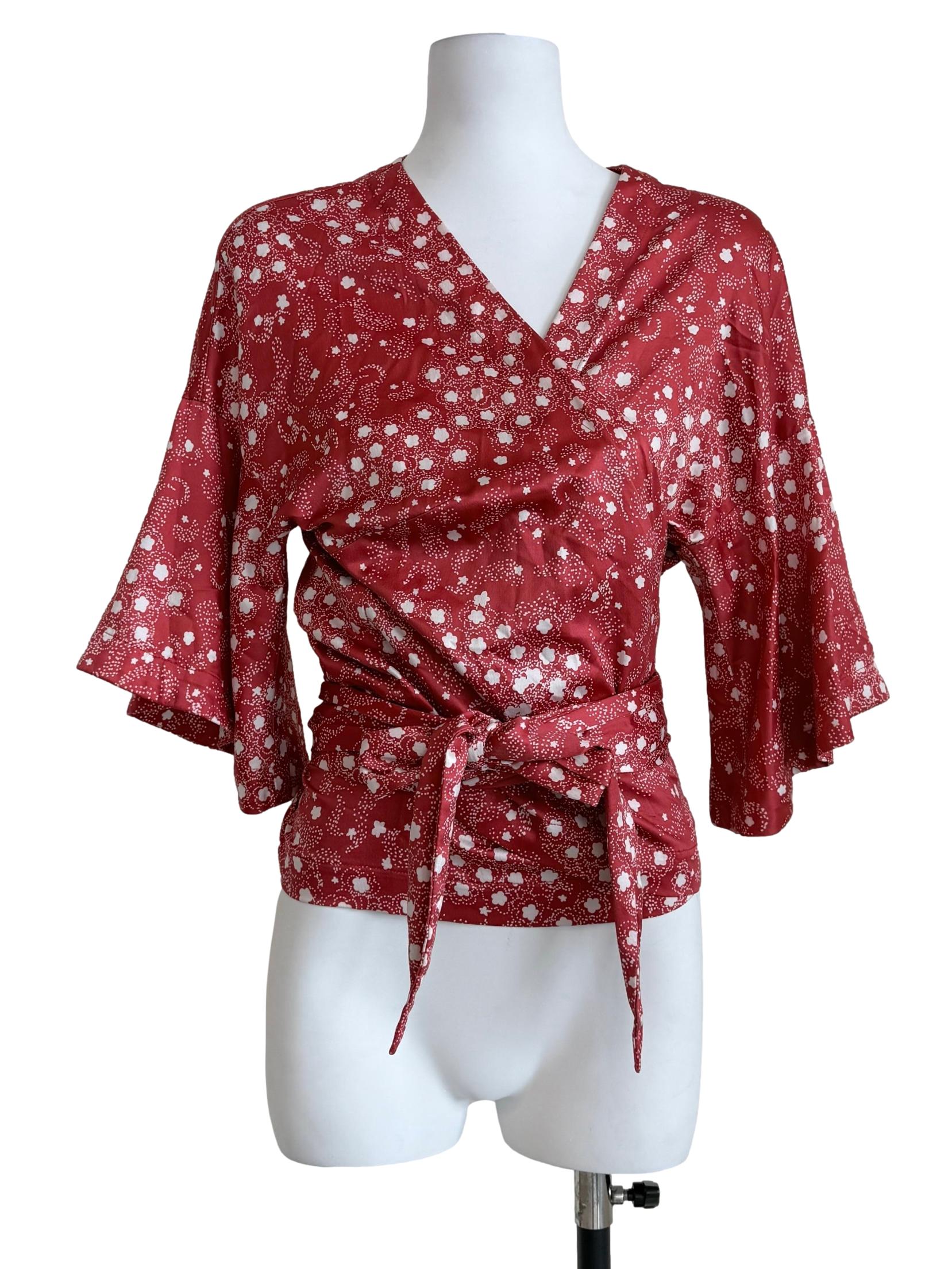 Crimson Red Floral Wrap Kimono
