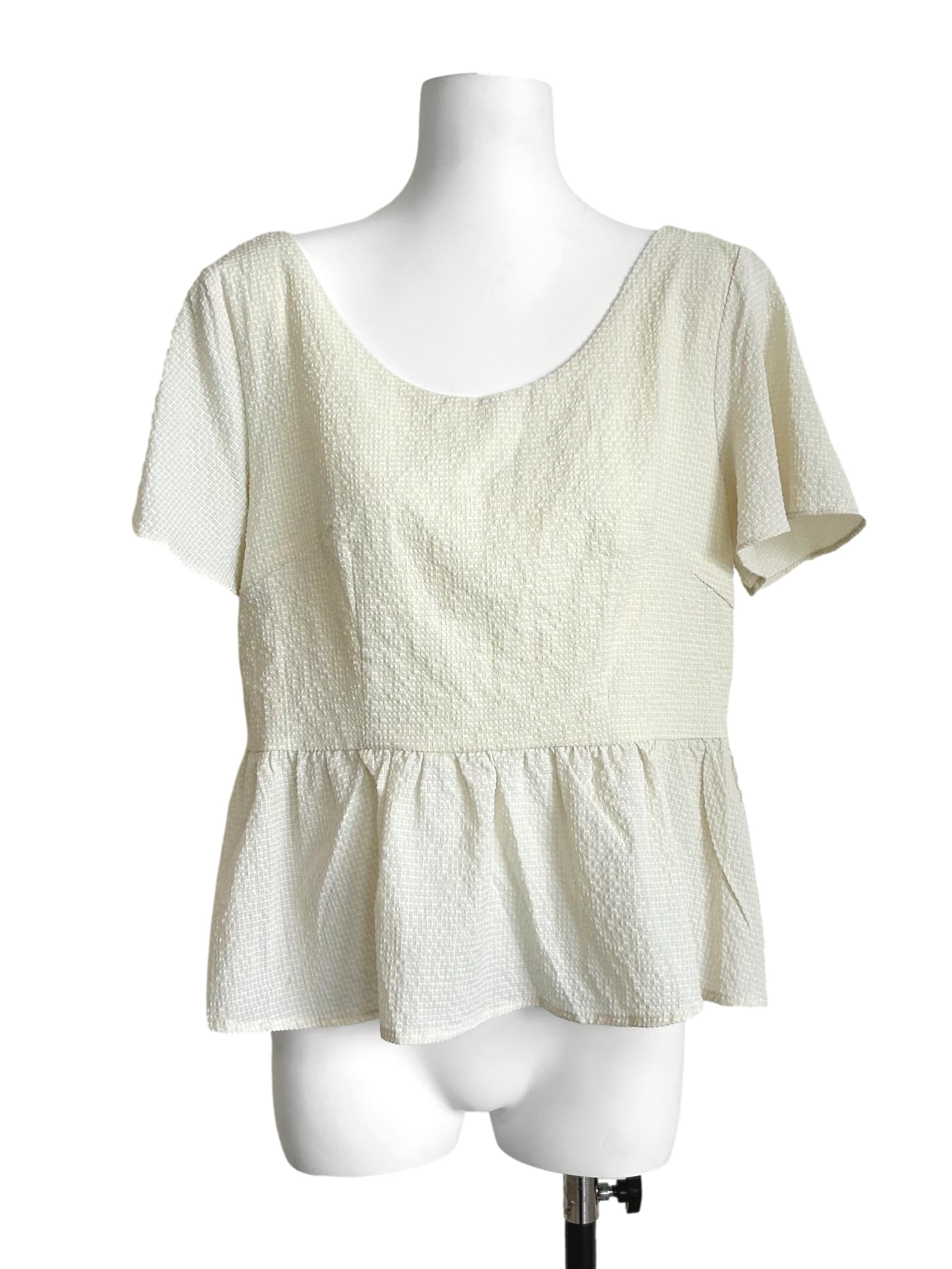 Cream Textured Scoop-Neck Peplum Blouse