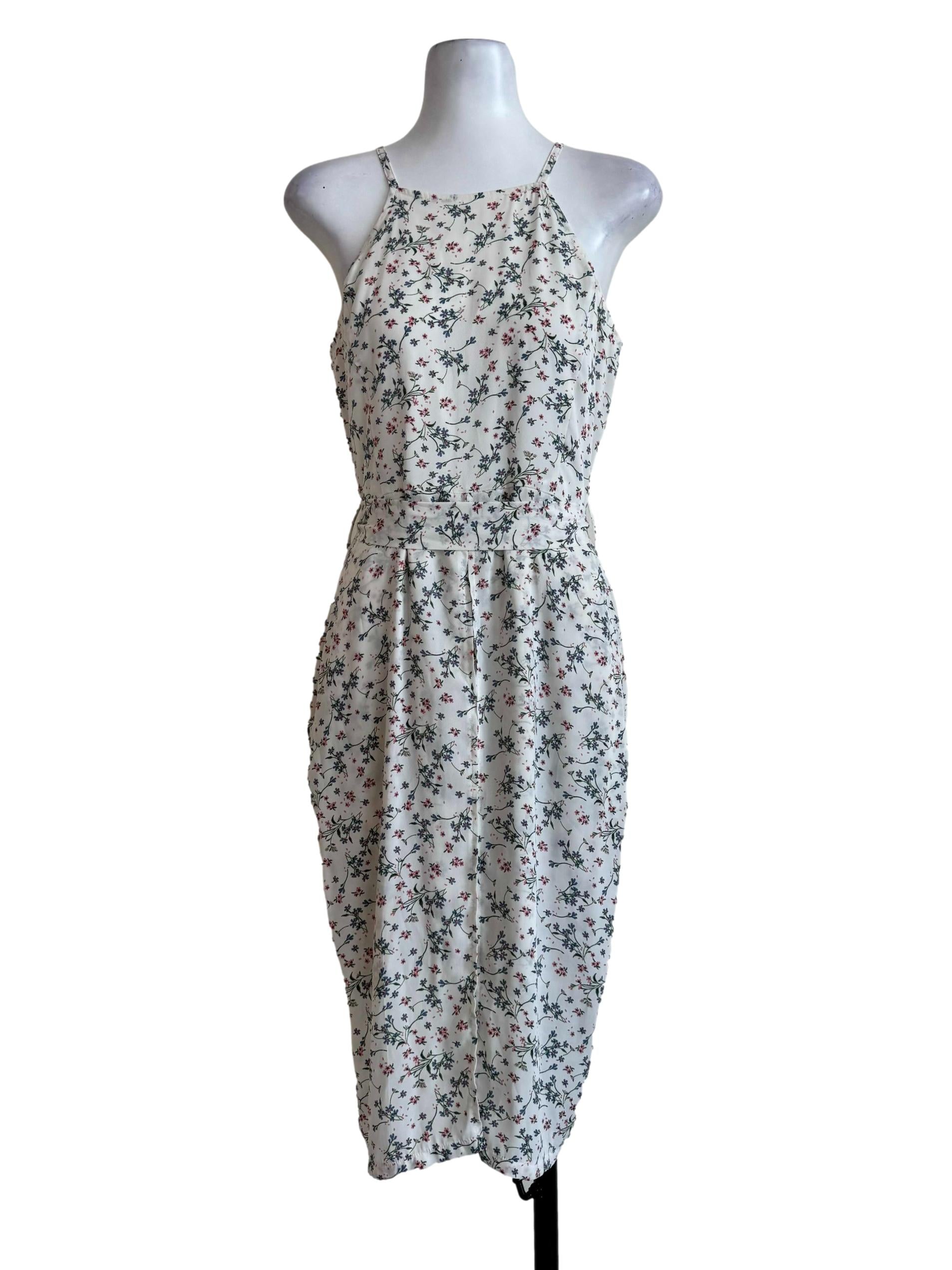 White Grain With Multicolor Prints Front Slit Dress