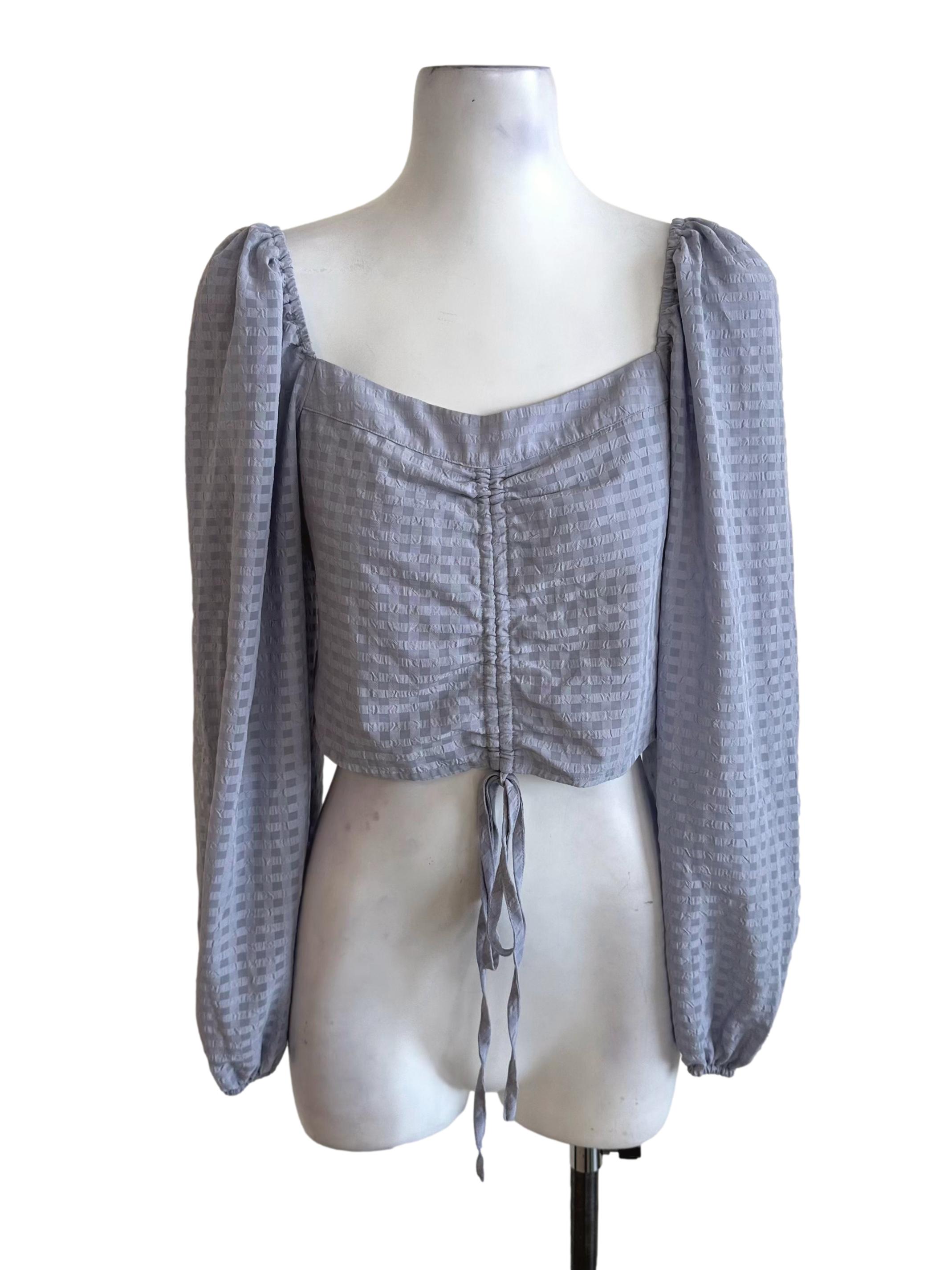 Spruce Blue Plaid Textured Long Sleeve Top