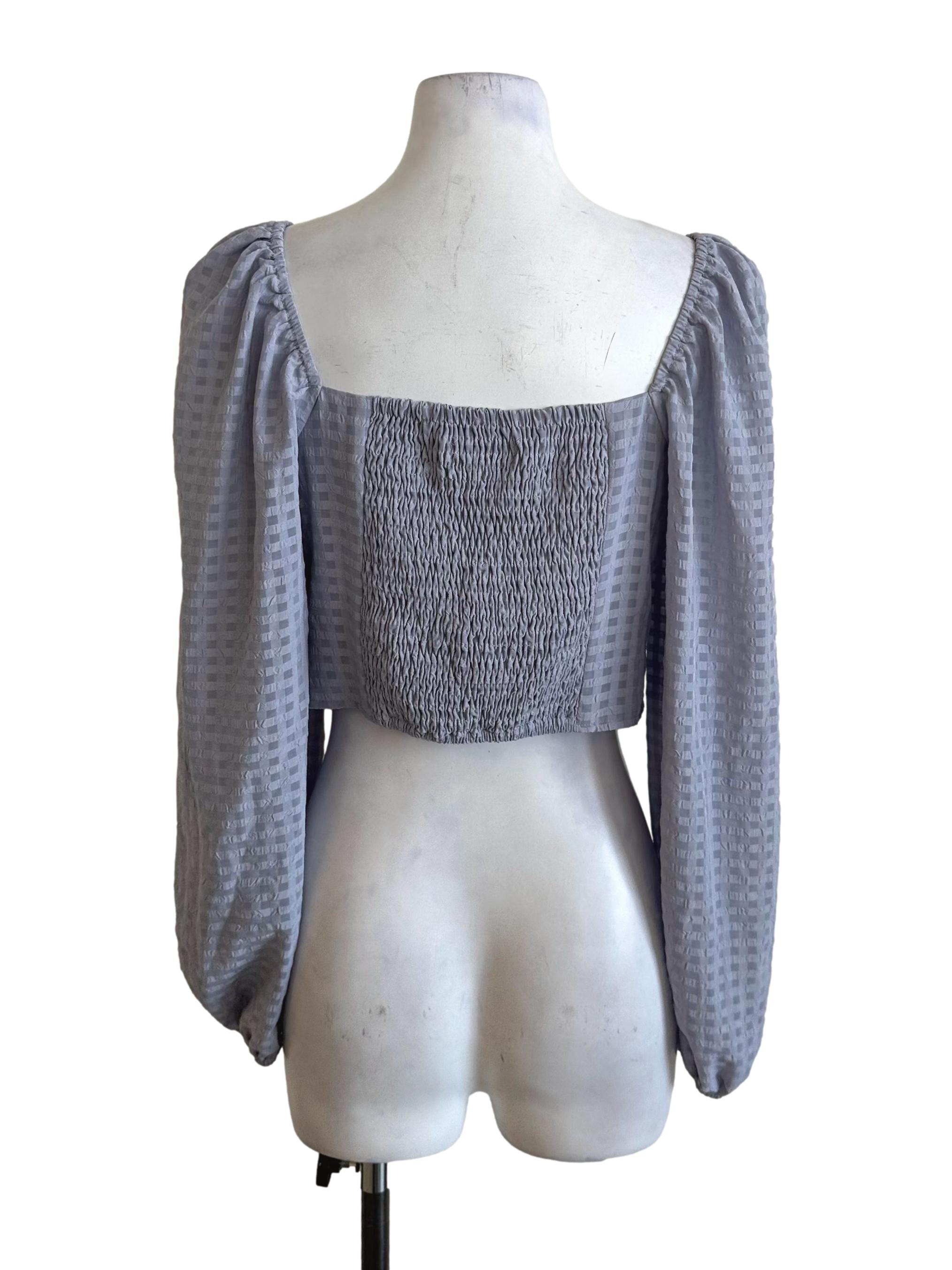 Spruce Blue Plaid Textured Long Sleeve Top