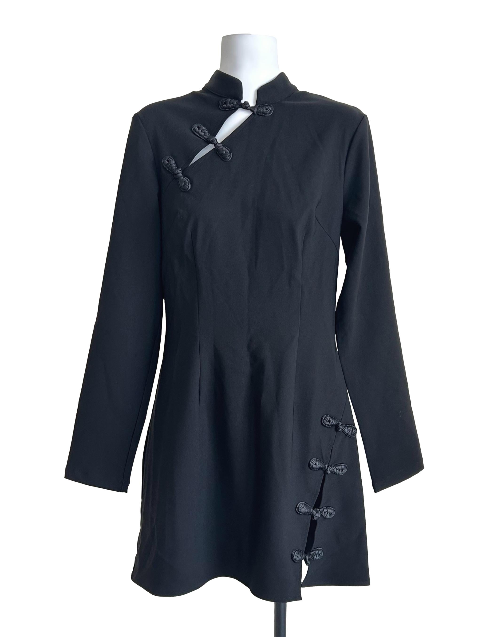 Black Mandarin Collar Long-Sleeve Mini Dress