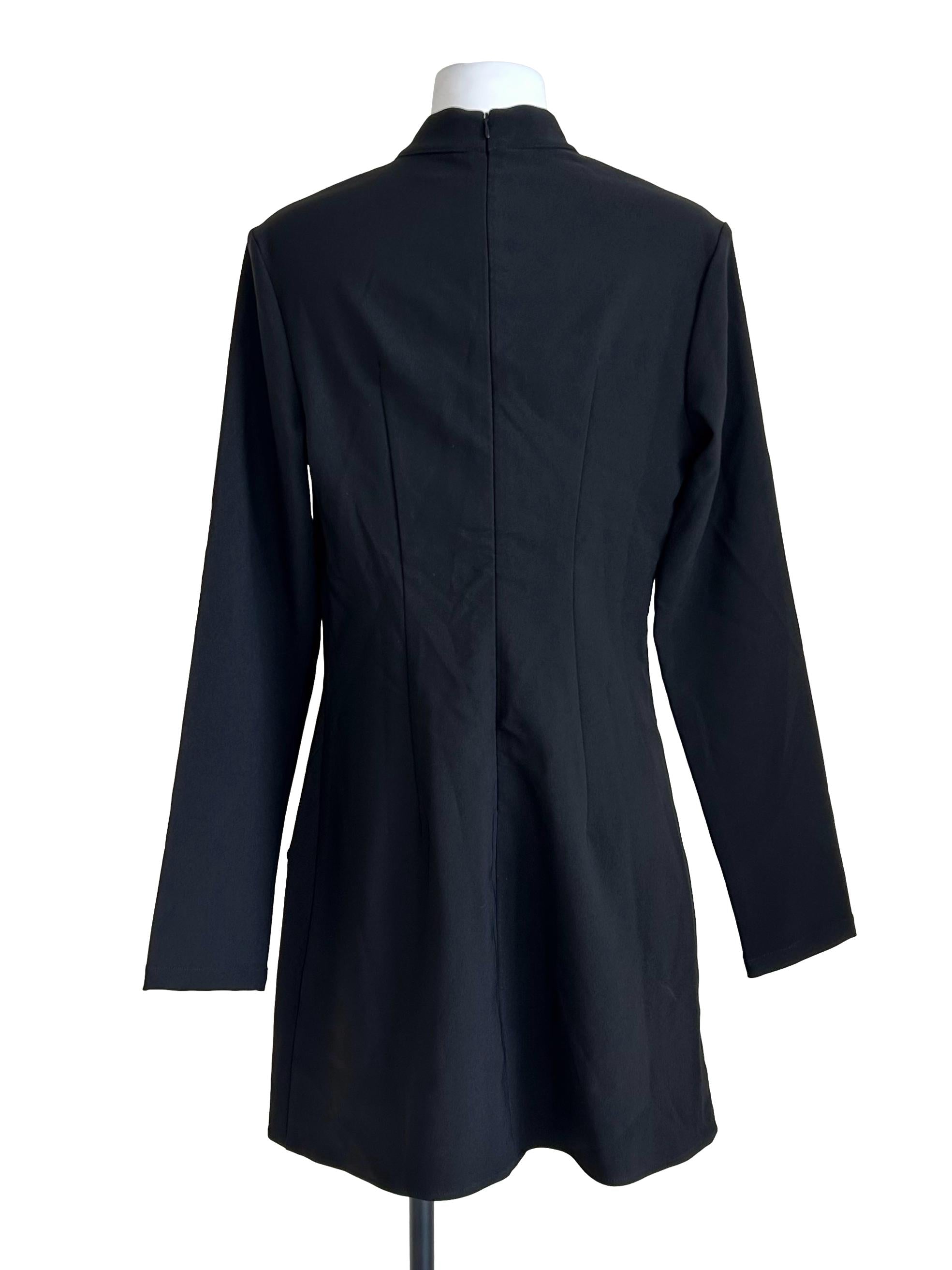 Black Mandarin Collar Long-Sleeve Mini Dress