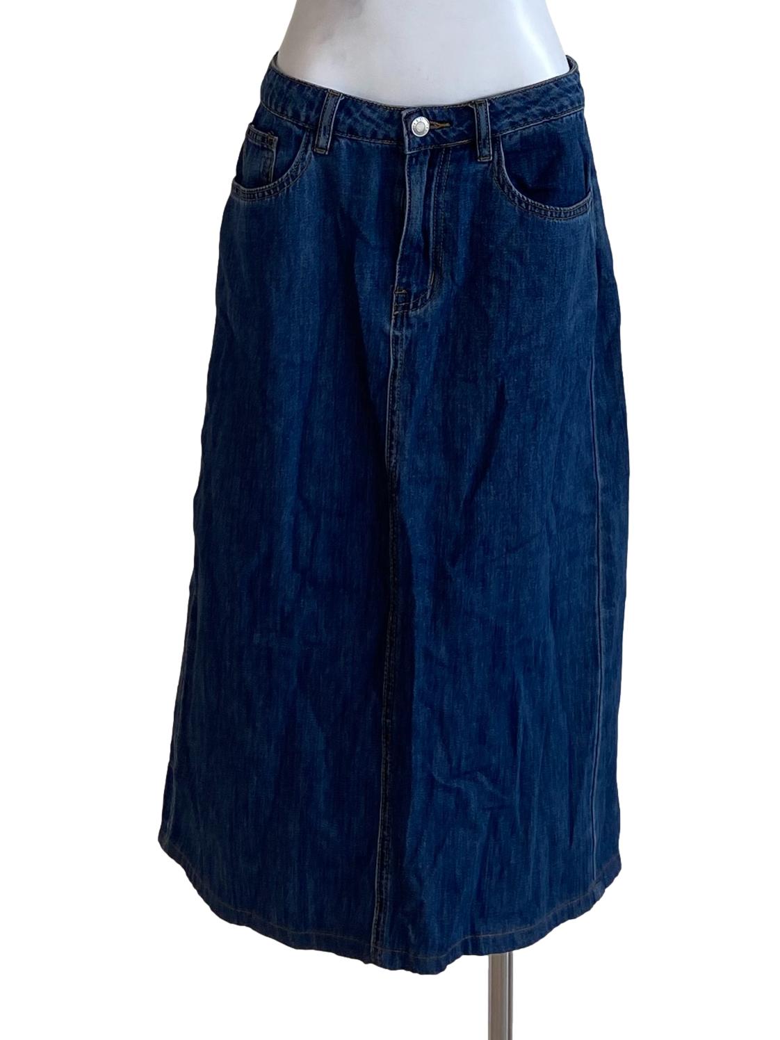 Navy Blue Herringbone Slit Jeans Skirt