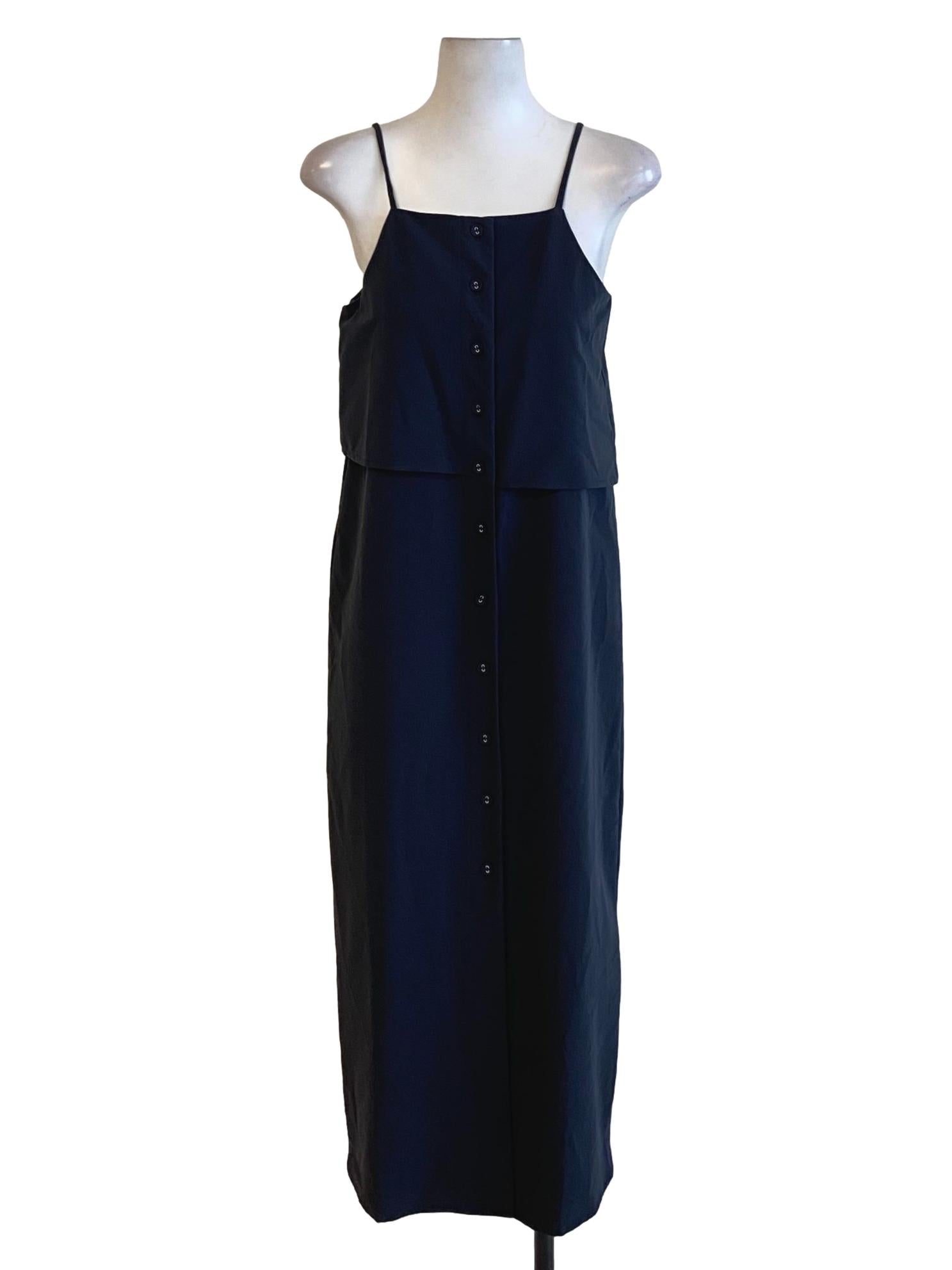 Blue Black Square Neck Buttoned Down Slip Dress