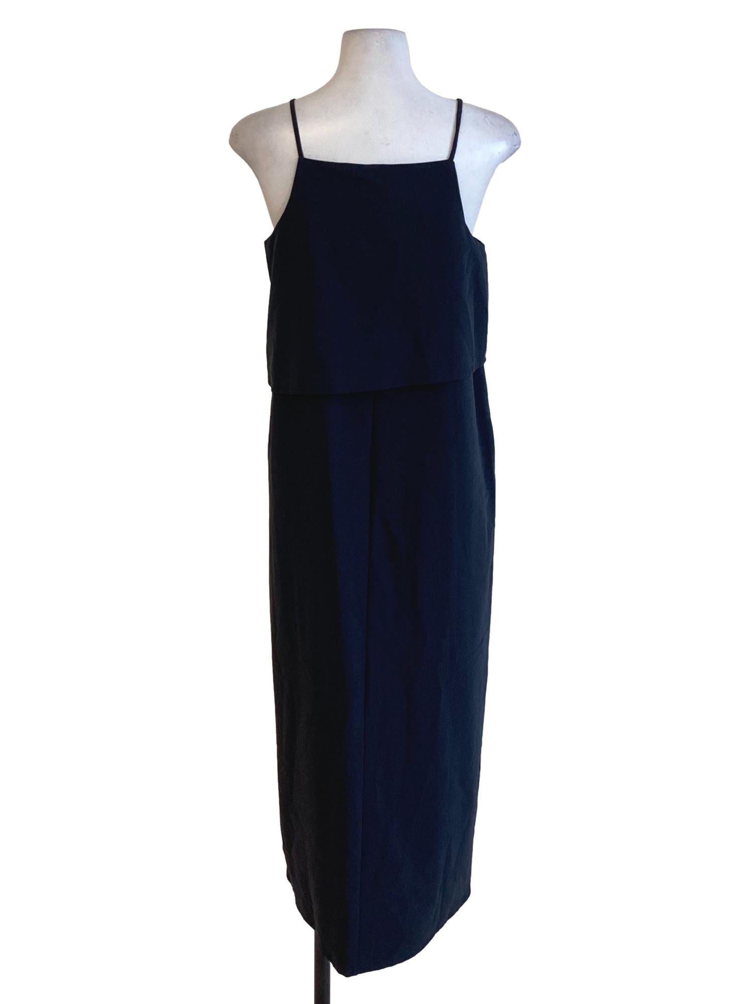 Blue Black Square Neck Buttoned Down Slip Dress