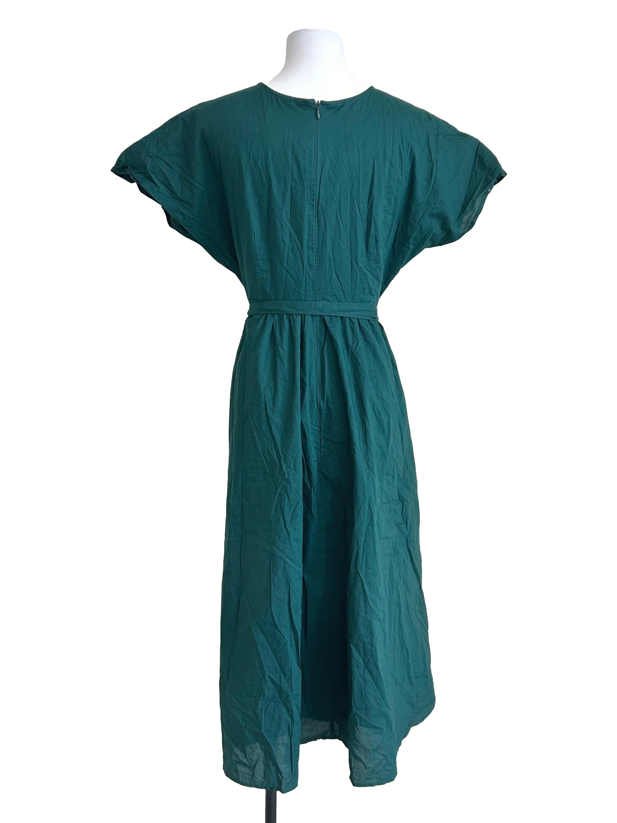 Dark Green Short-Sleeve Wrap Midi Dress