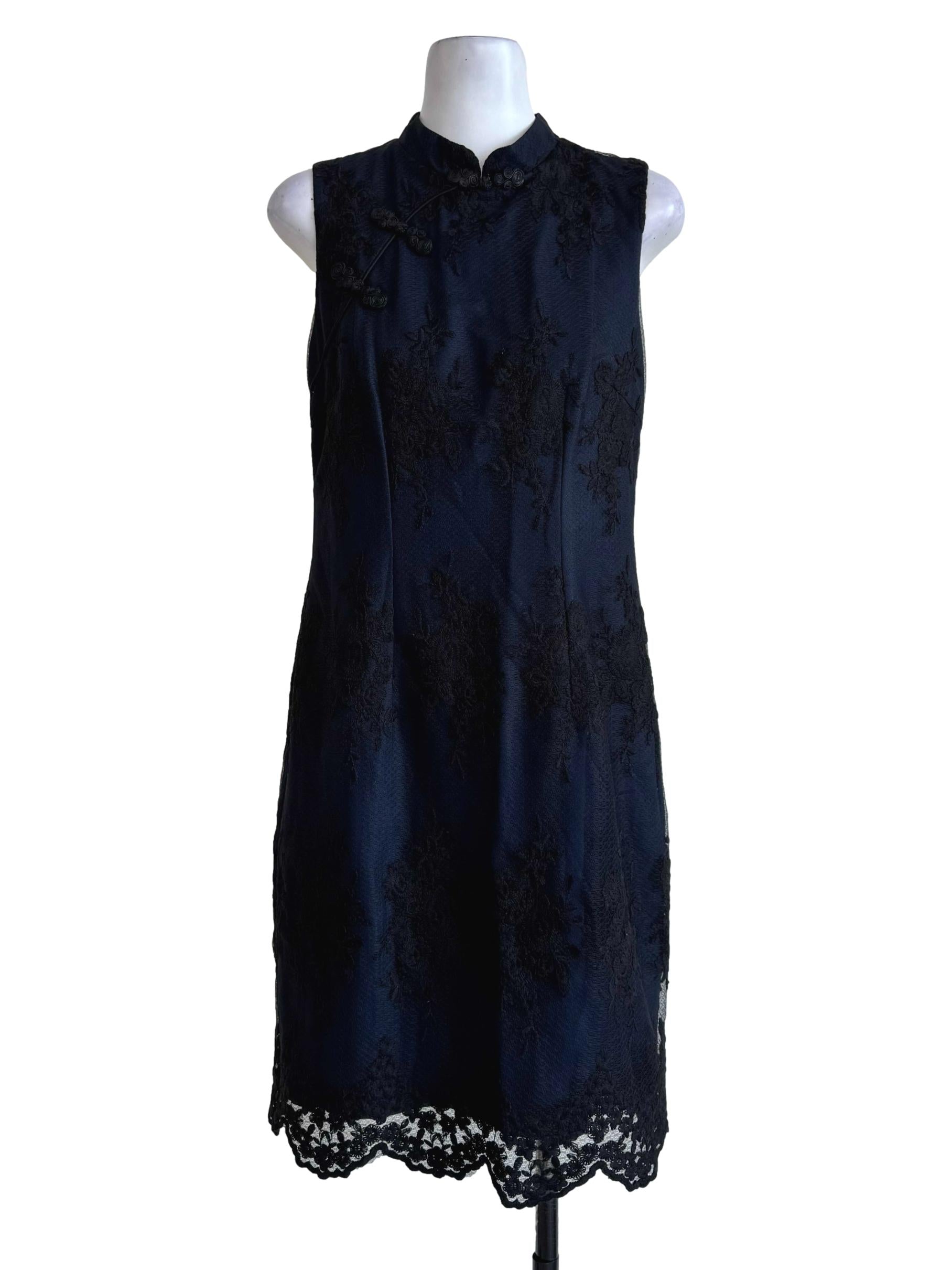 Navy Blue With Black Lace Mandarin Collar Dress