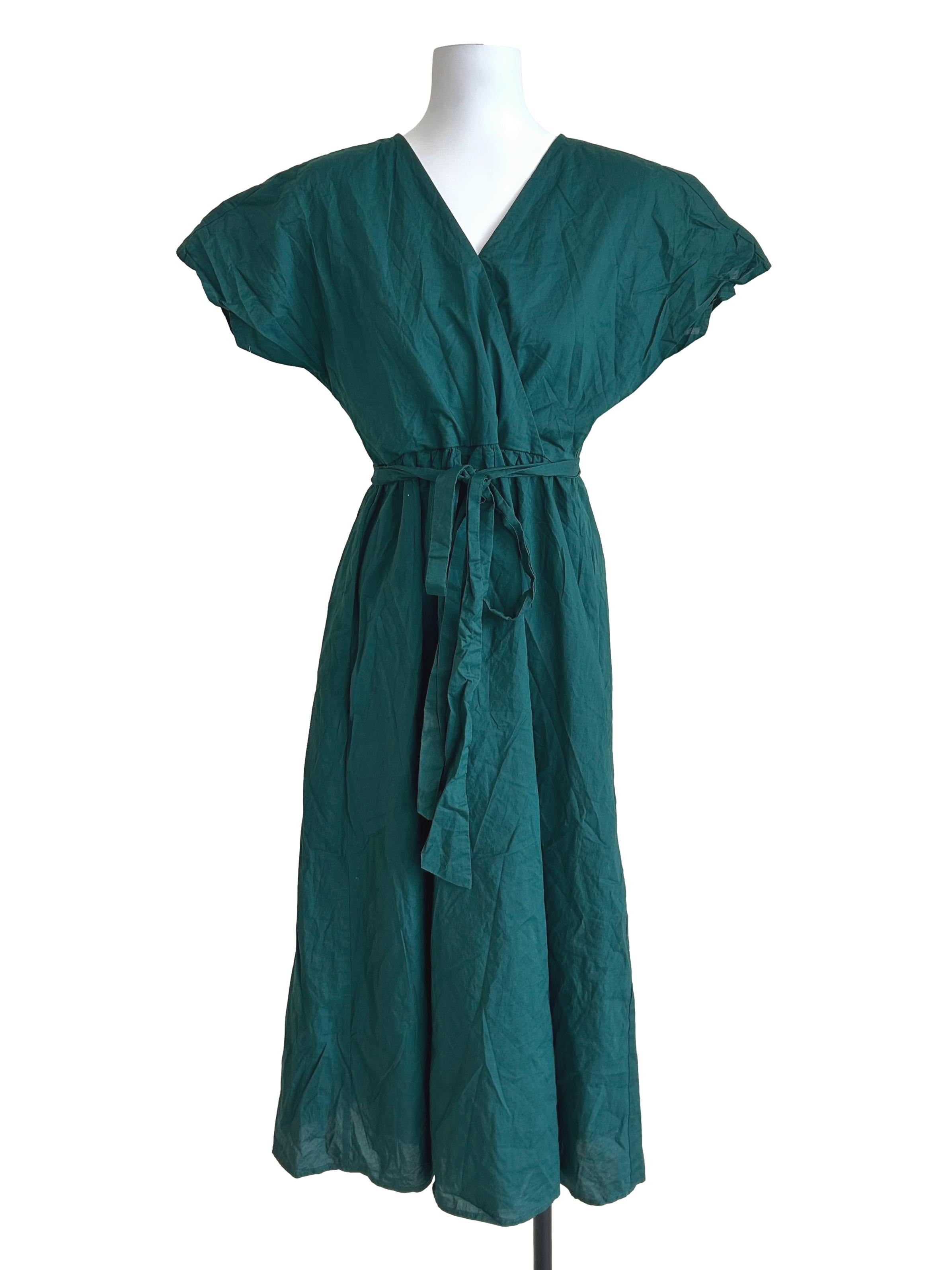 Dark Green Short-Sleeve Wrap Midi Dress