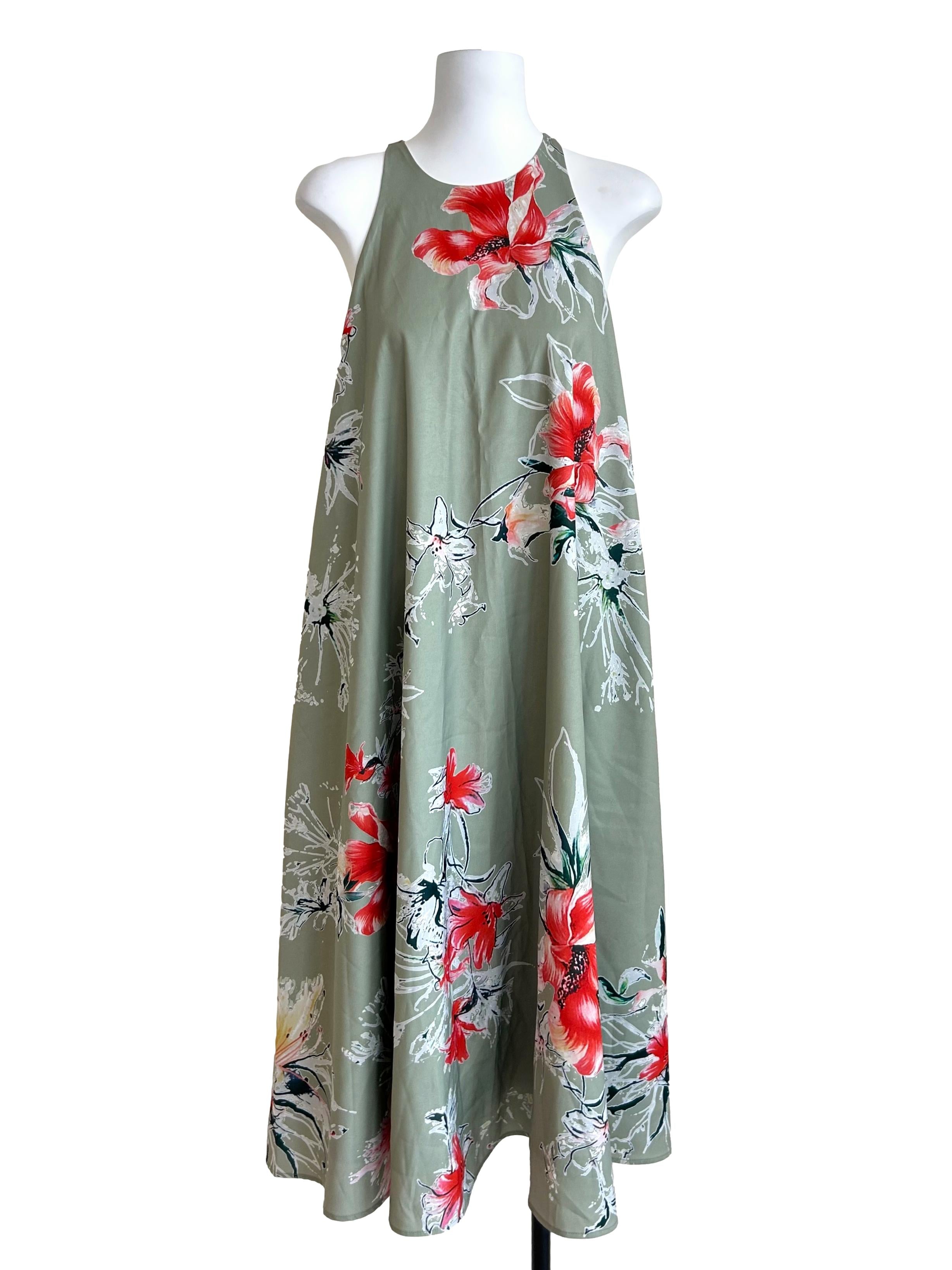 Olive Green Floral Halter Neck A-Line Dress