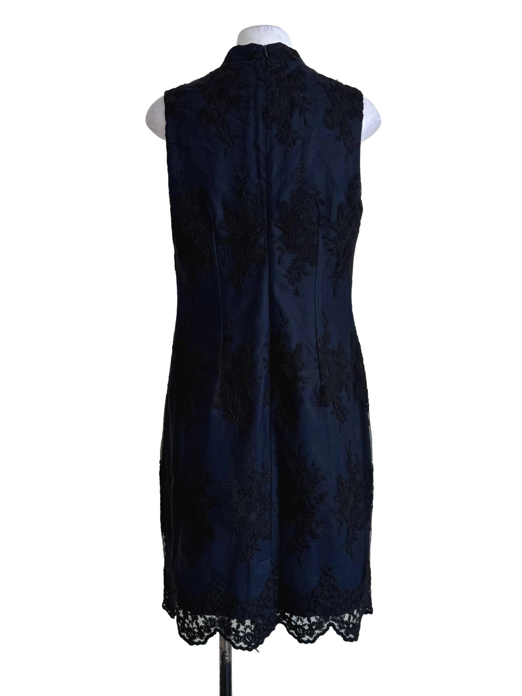 Navy Blue With Black Lace Mandarin Collar Dress