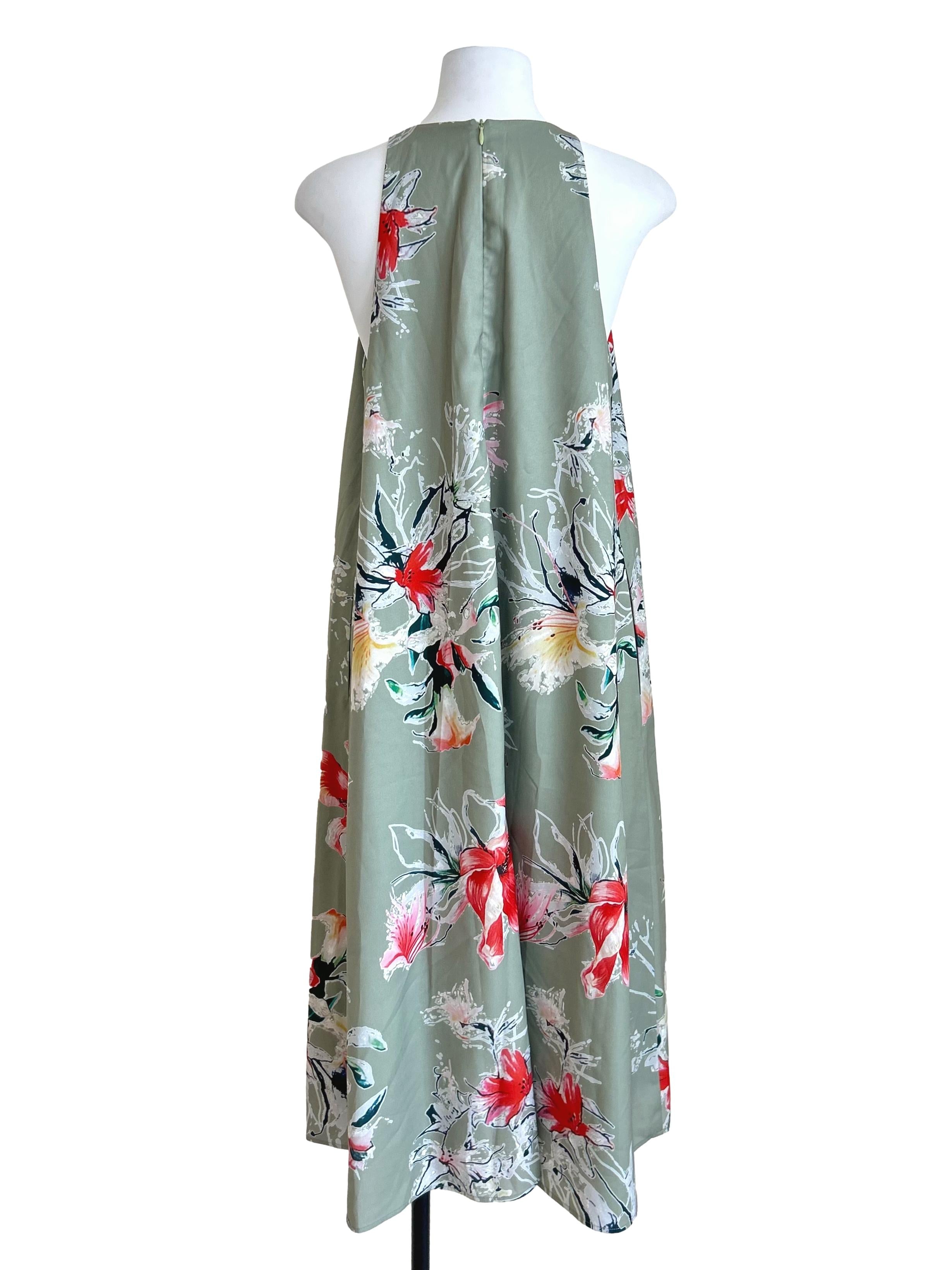 Olive Green Floral Halter Neck A-Line Dress