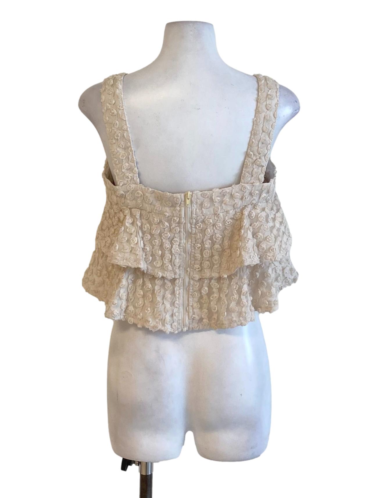 Beige Brown 3D Floral Ruffle Cropped Top