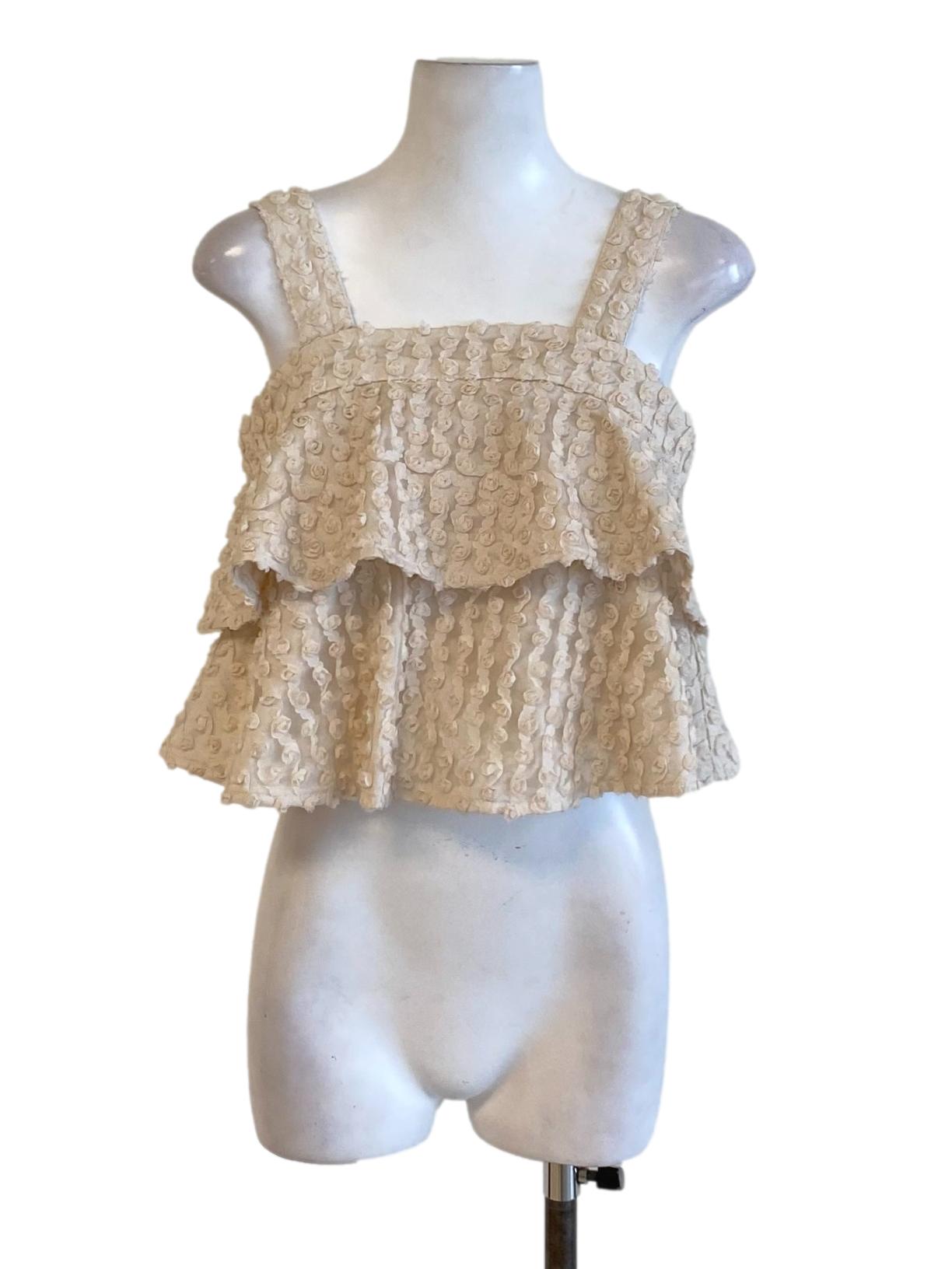 Beige Brown 3D Floral Ruffle Cropped Top