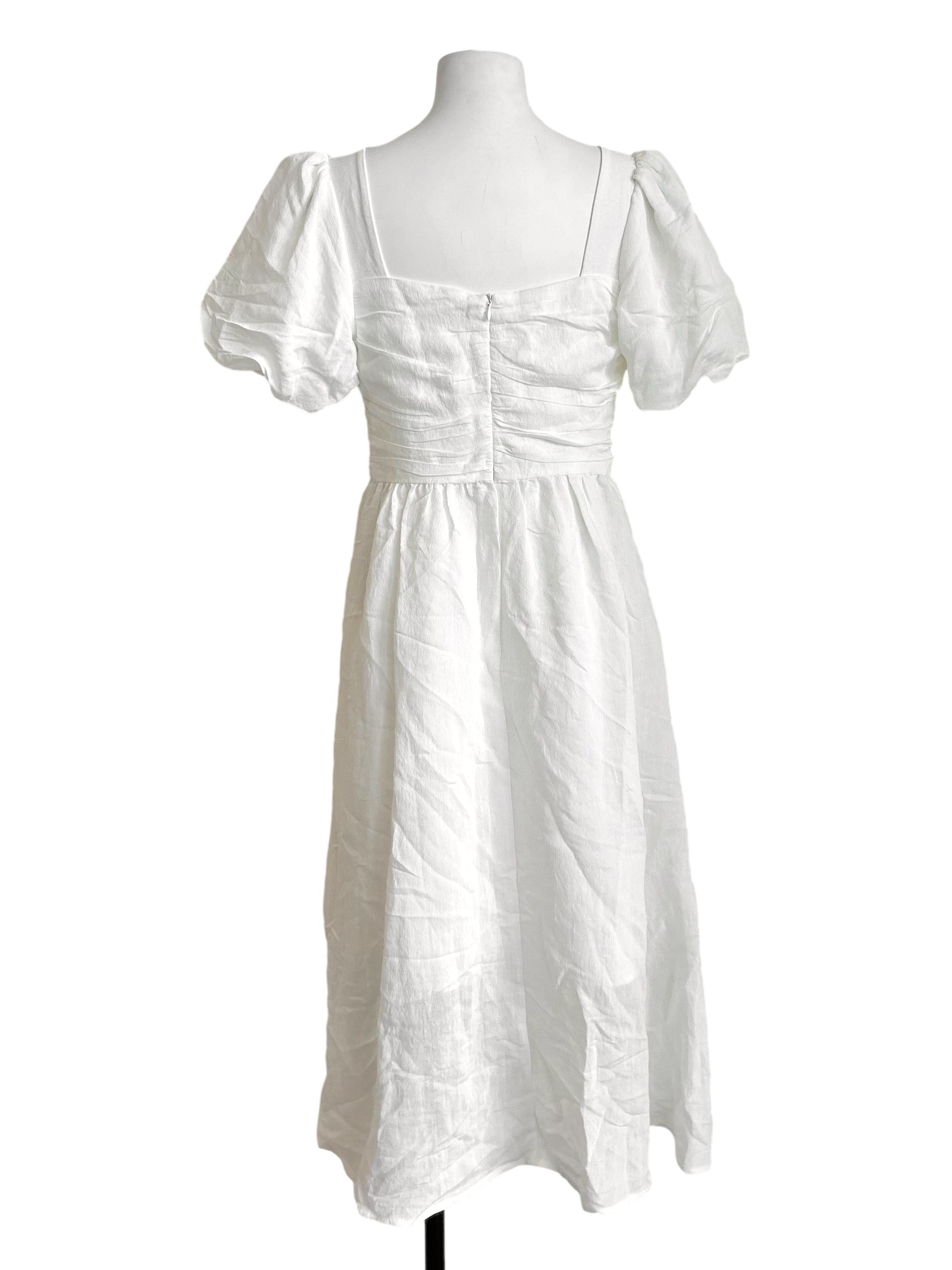 White Square-Neck Puff-Sleeve Midi Dress
