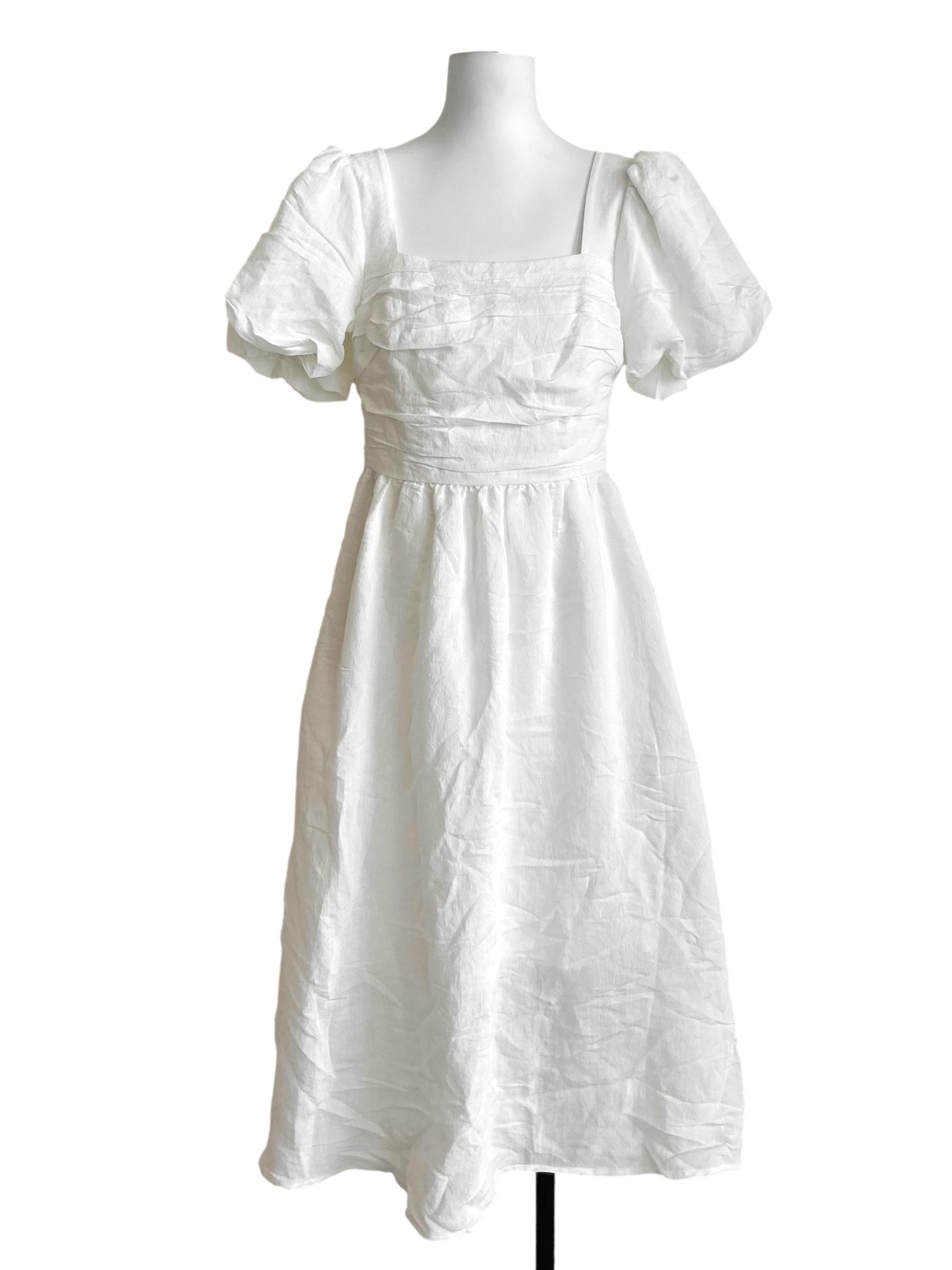 White Square-Neck Puff-Sleeve Midi Dress