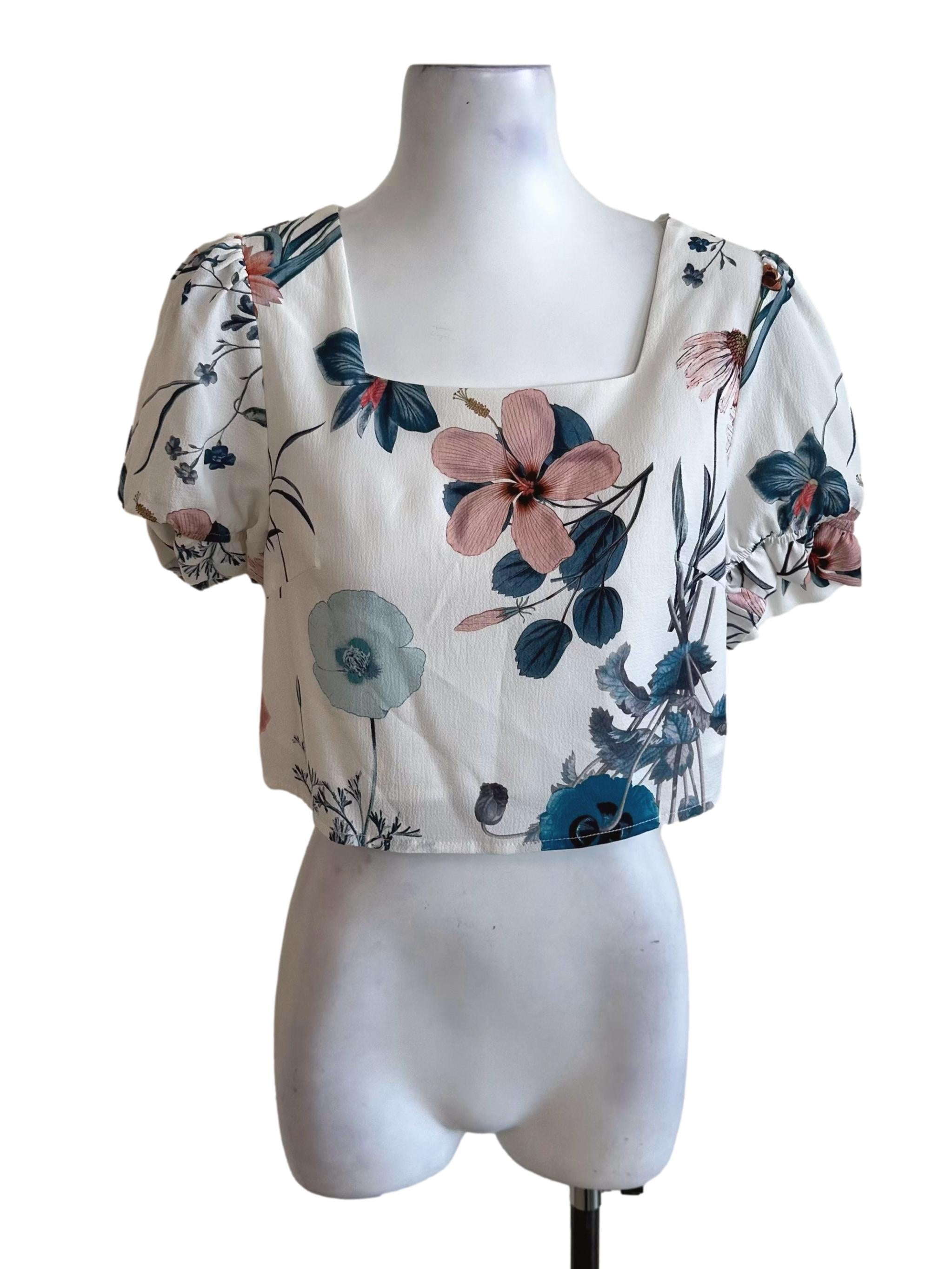 Ivory White Floral Pattern Square Neck Top
