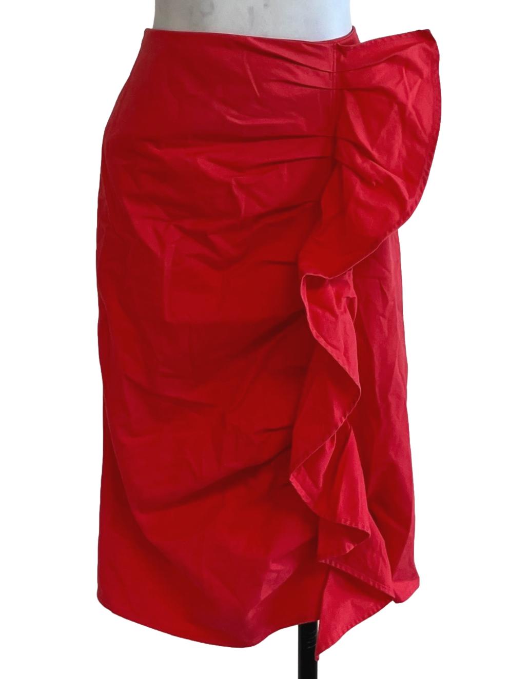 Coral Red Ruffle Pencil Skirt
