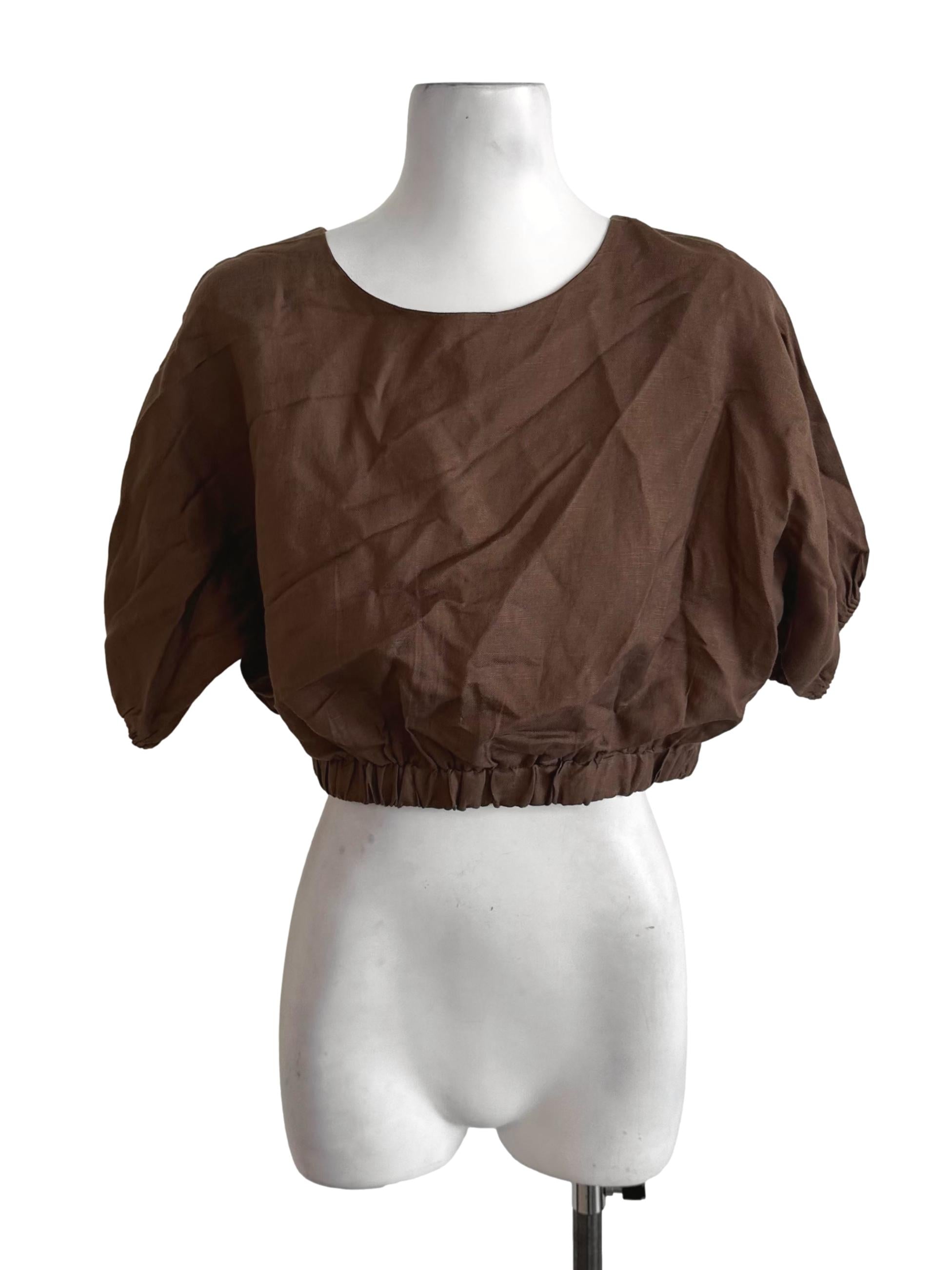 Mocha Brown Round Neck Elastic Hem Top