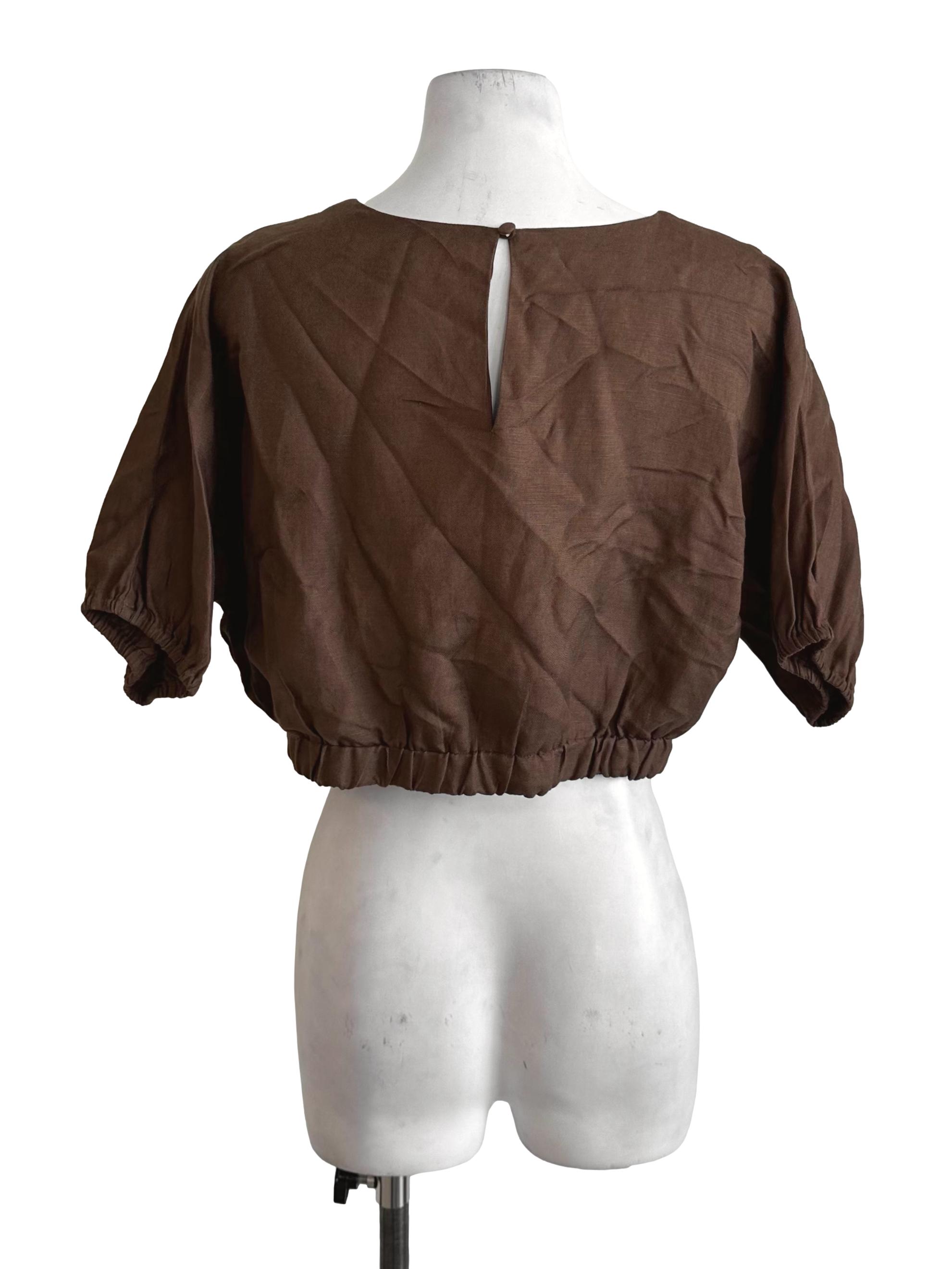 Mocha Brown Round Neck Elastic Hem Top