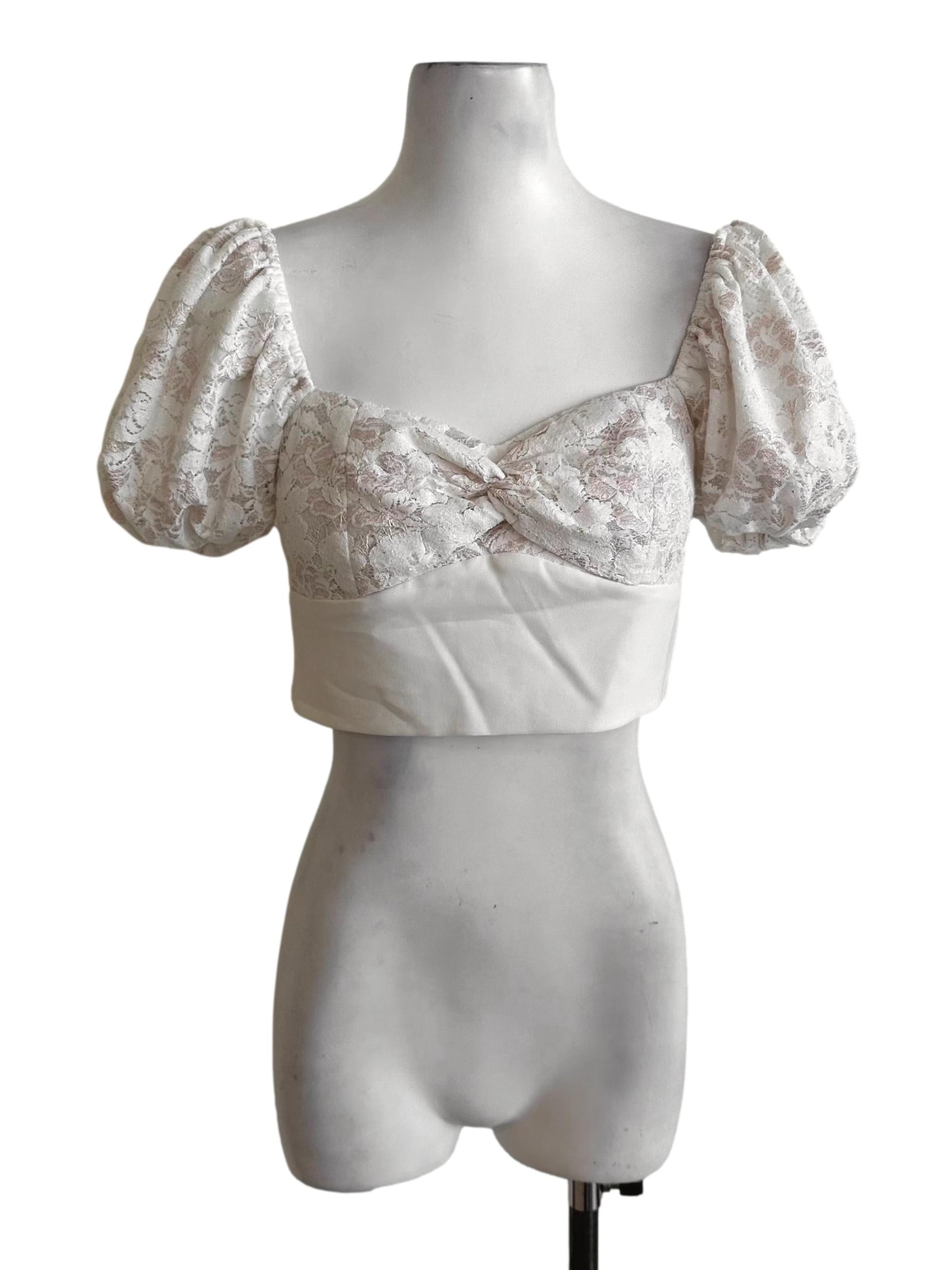 Pearl White Lace Puff Sleeve Crop Top