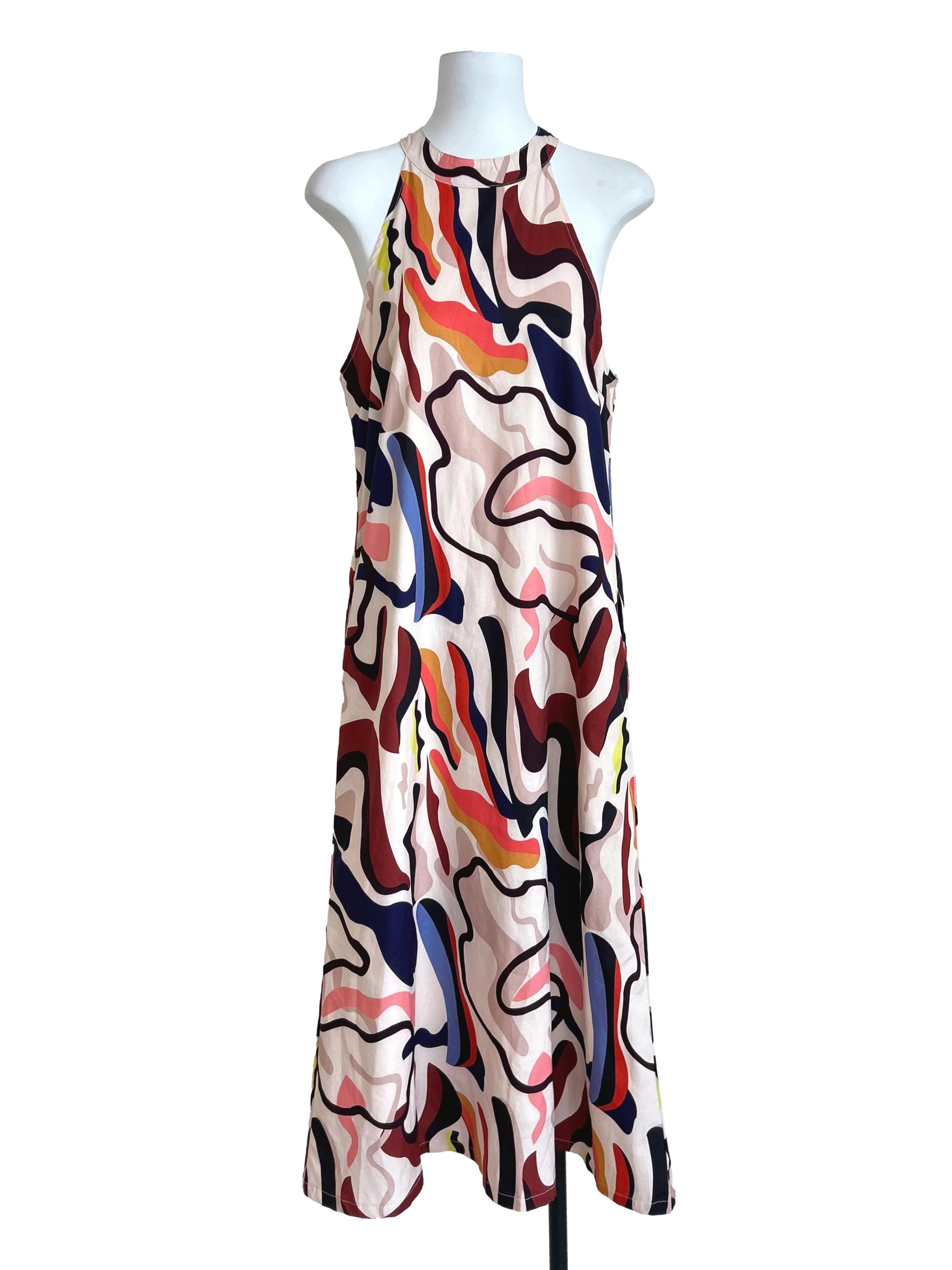 Abstract Swirl Print Halter Neck Maxi Dress