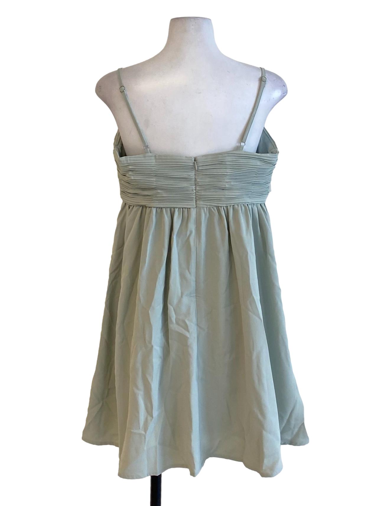 Sage Green Pleated Square Neck Bouffant A-Line Dress