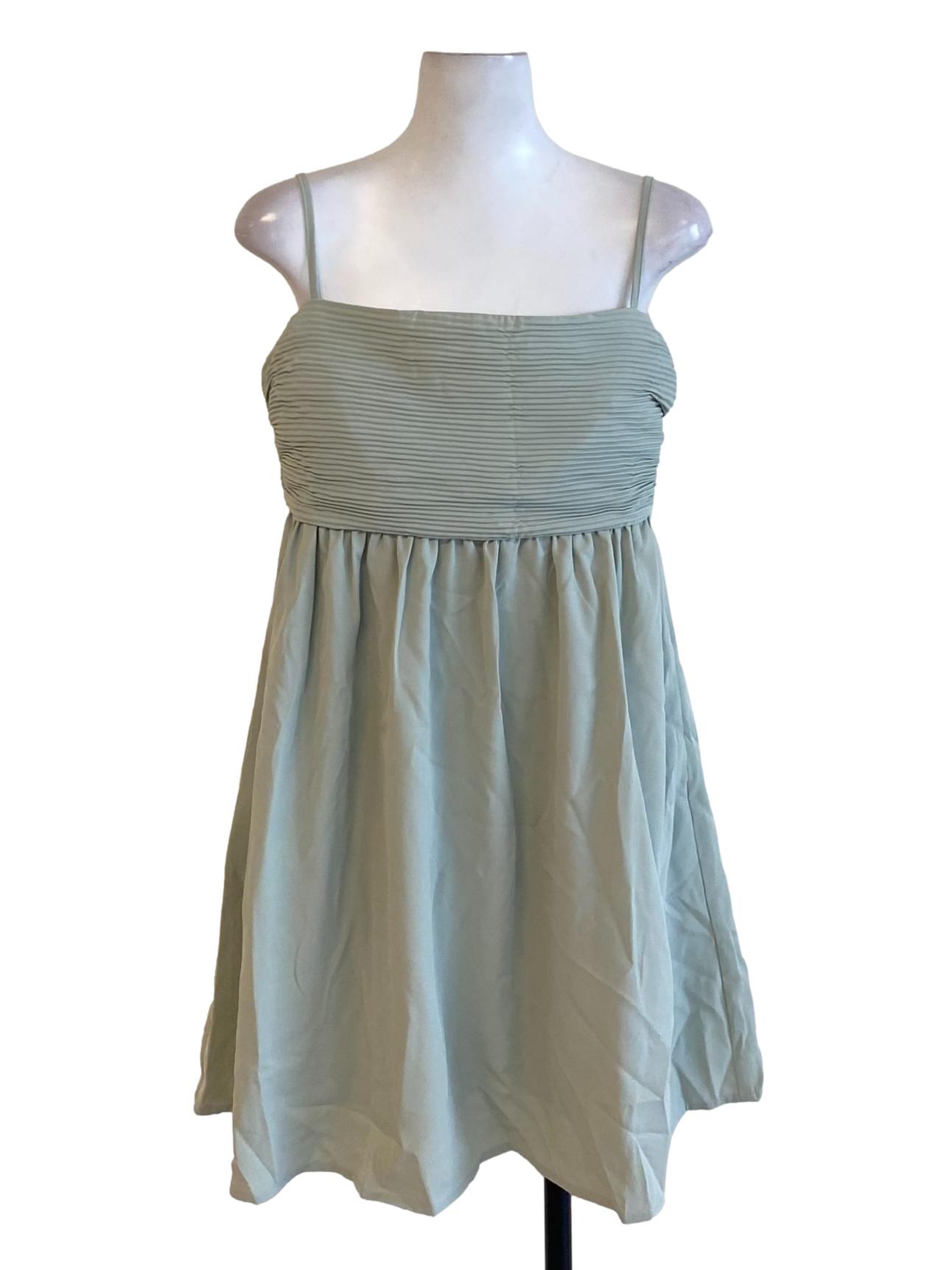 Sage Green Pleated Square Neck Bouffant A-Line Dress